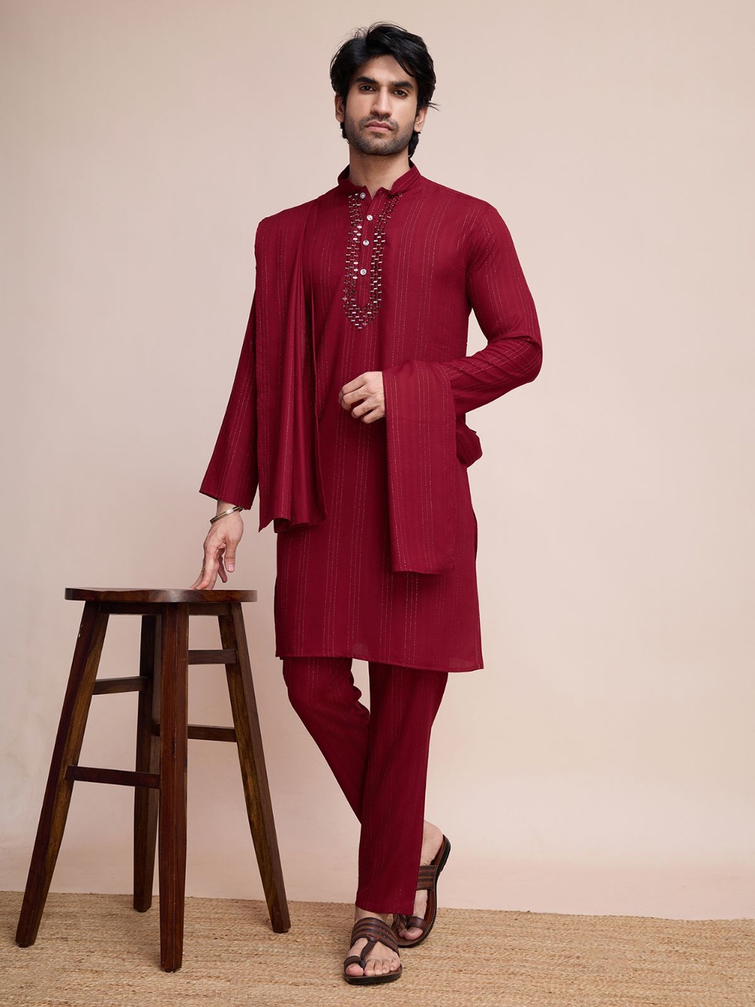 

ODETTE Striped Regular Mirror Work Kurta with Trousers & Dupatta, Maroon