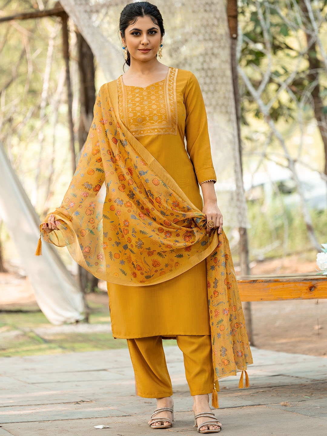 

BLACK SCISSOR Floral Printed Round Neck Straight Kurta With Trousers And Dupatta, Mustard