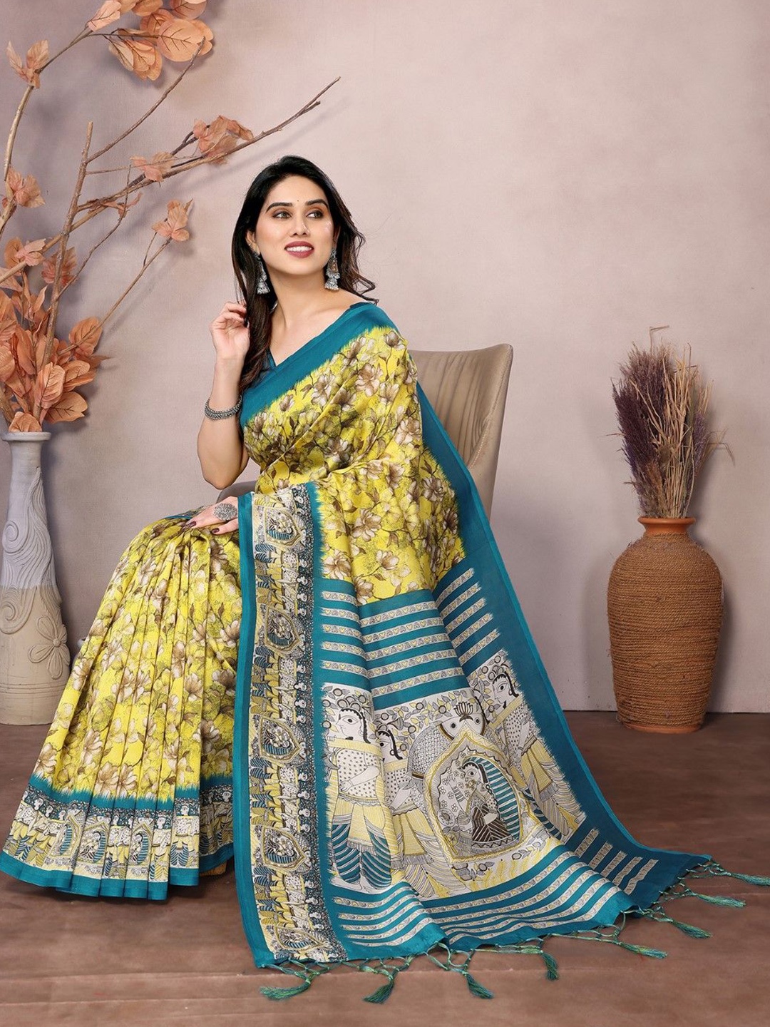 

KALINI Floral Art Silk Saree, Yellow