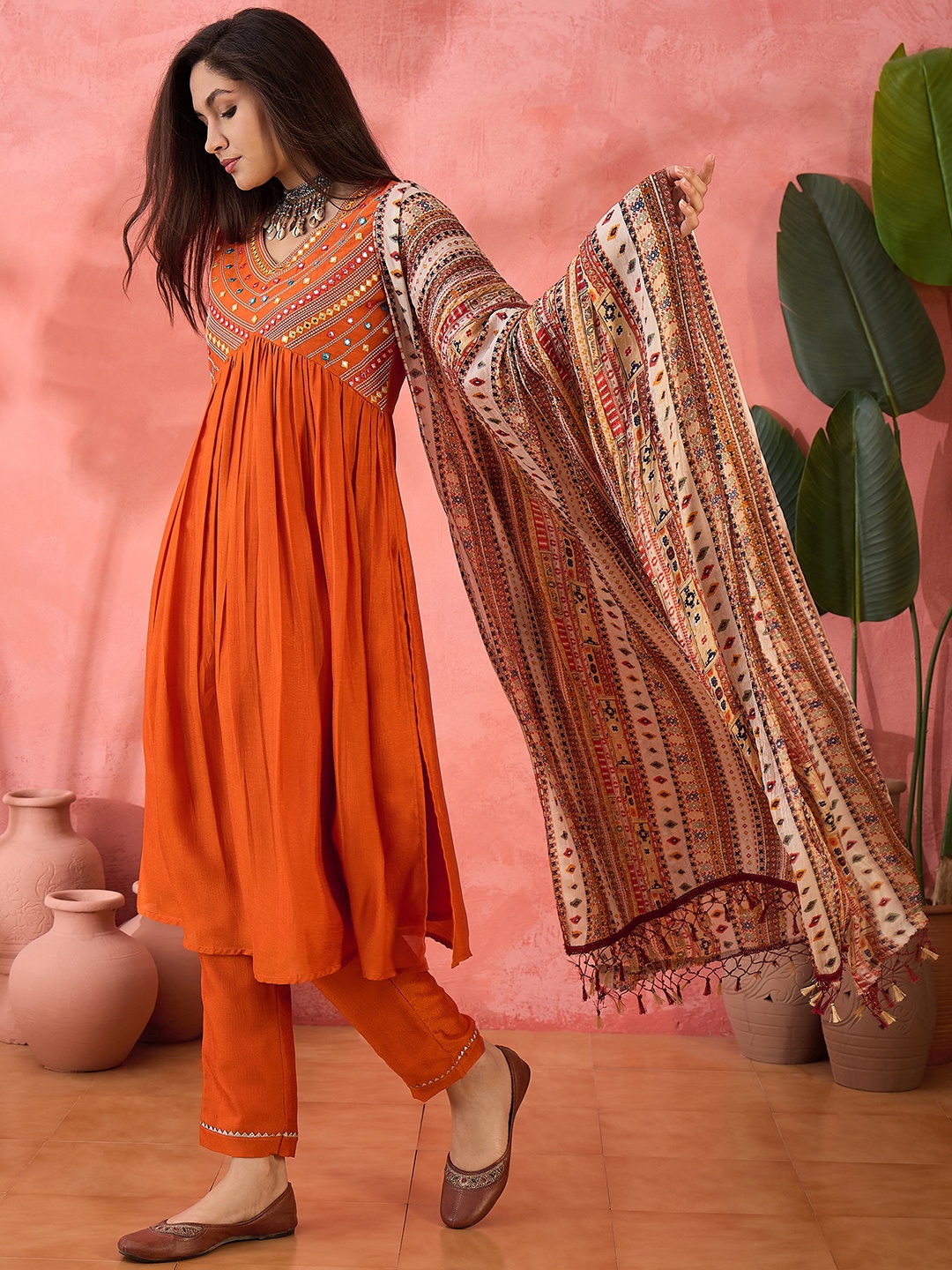 

Sangria Orange Mirror Work V-Neck Empire A-Line Kurta With Trousers And Dupatta