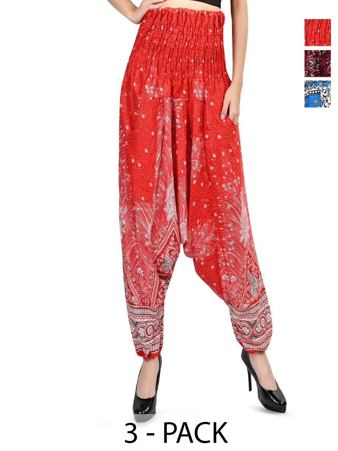 

NarNari Women Pack Of 3 Printed High-Rise Harem Pants, Red