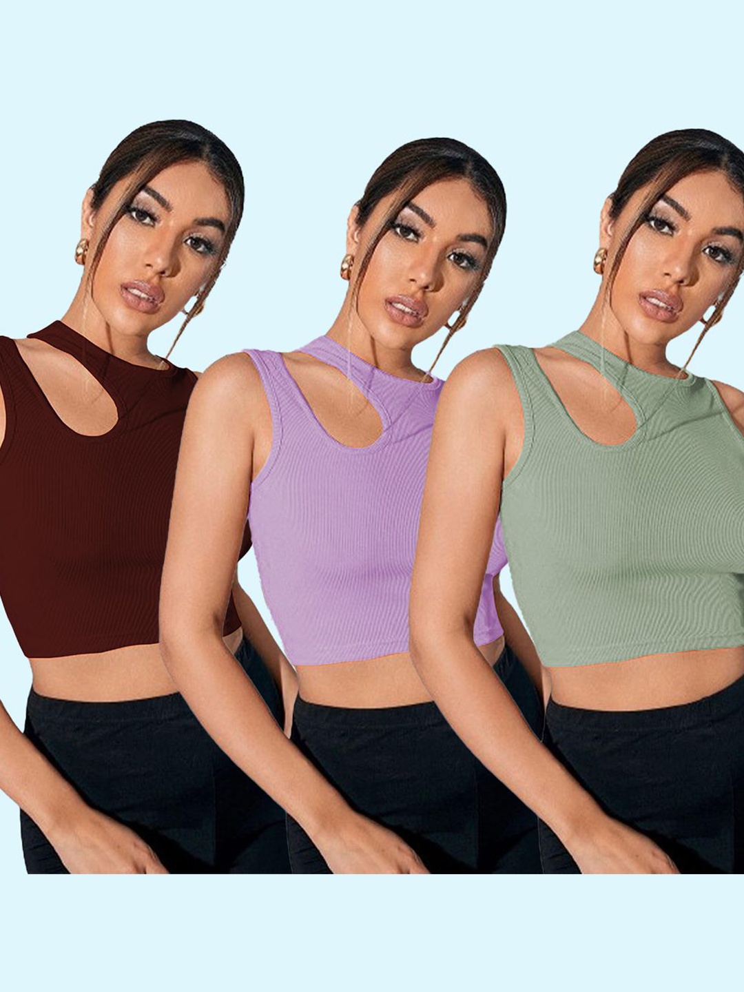 

Moda Rapido Women Pack of 3 Round Neck Fitted Crop Top, Green