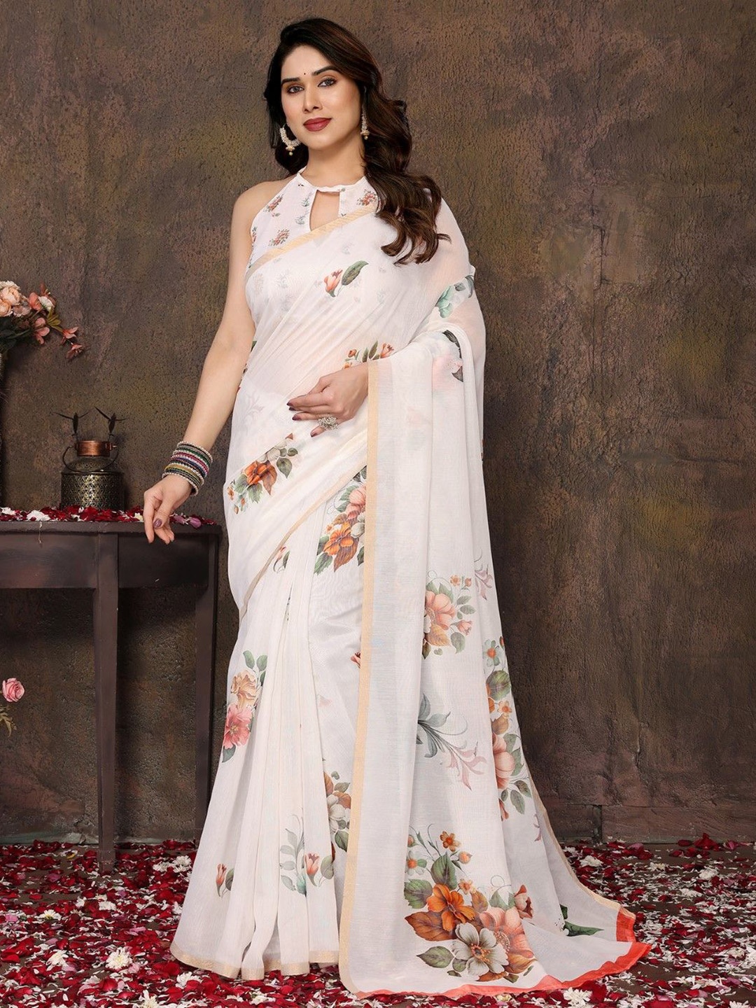 

KALINI Floral Zari Chanderi Saree, White