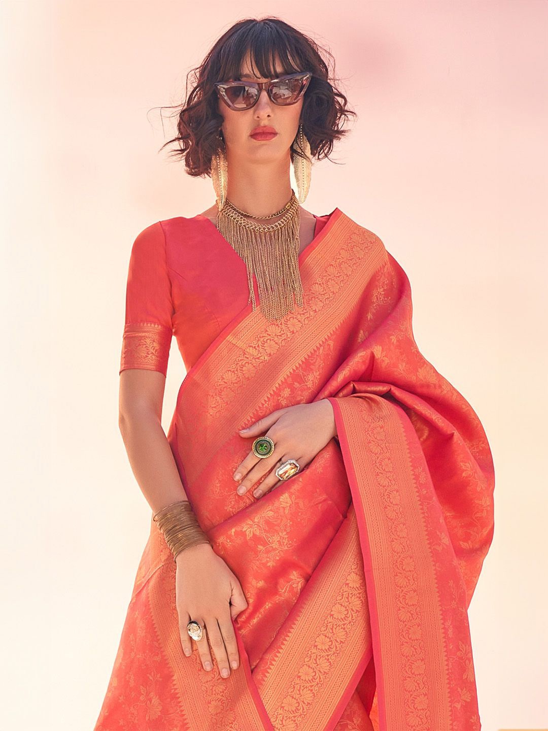 

BLENDIFY Woven Design Zari Silk Blend Banarasi Saree, Orange