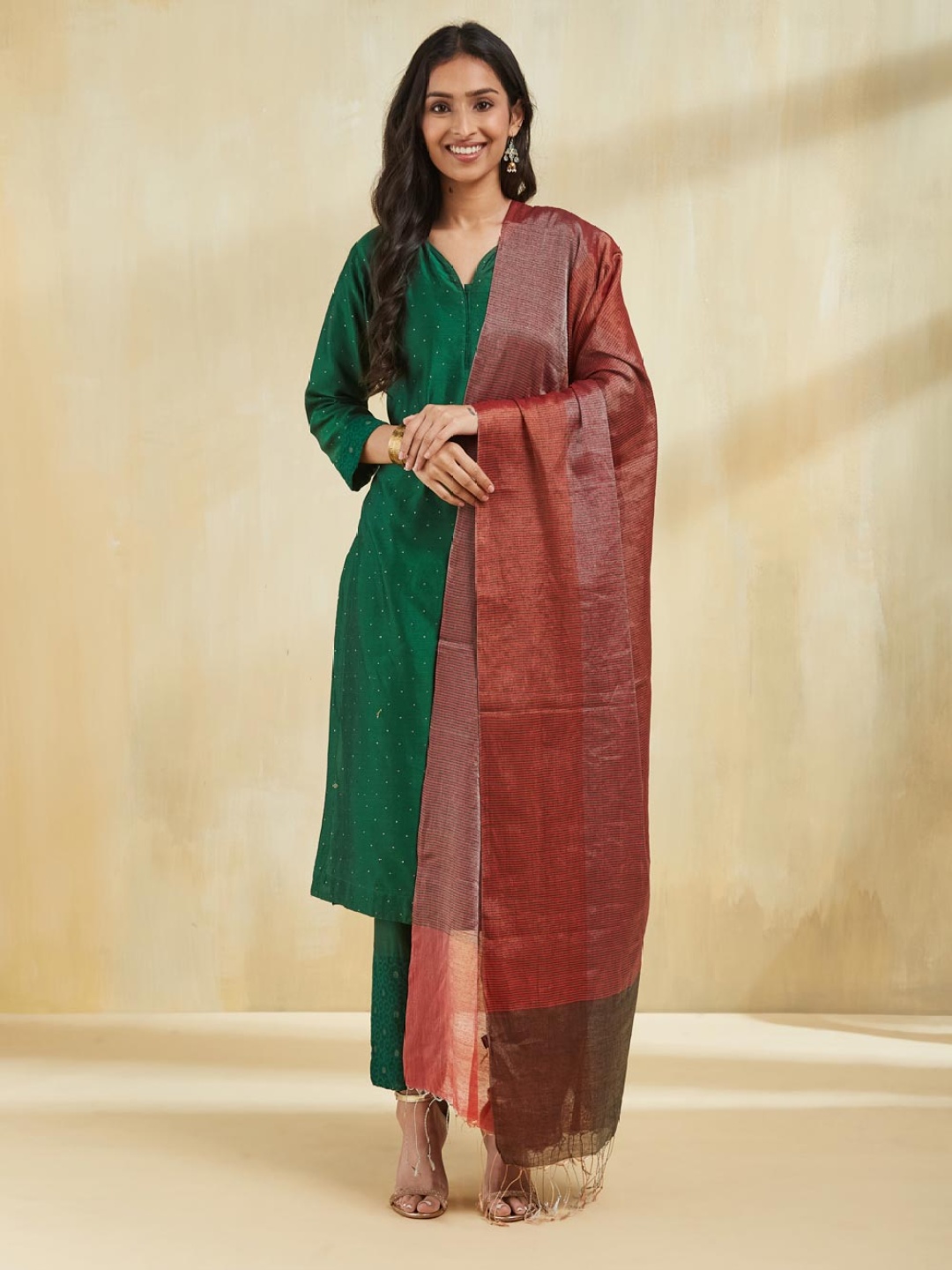 

Fabindia Striped Woven Design Cotton Silk Dupatta, Red