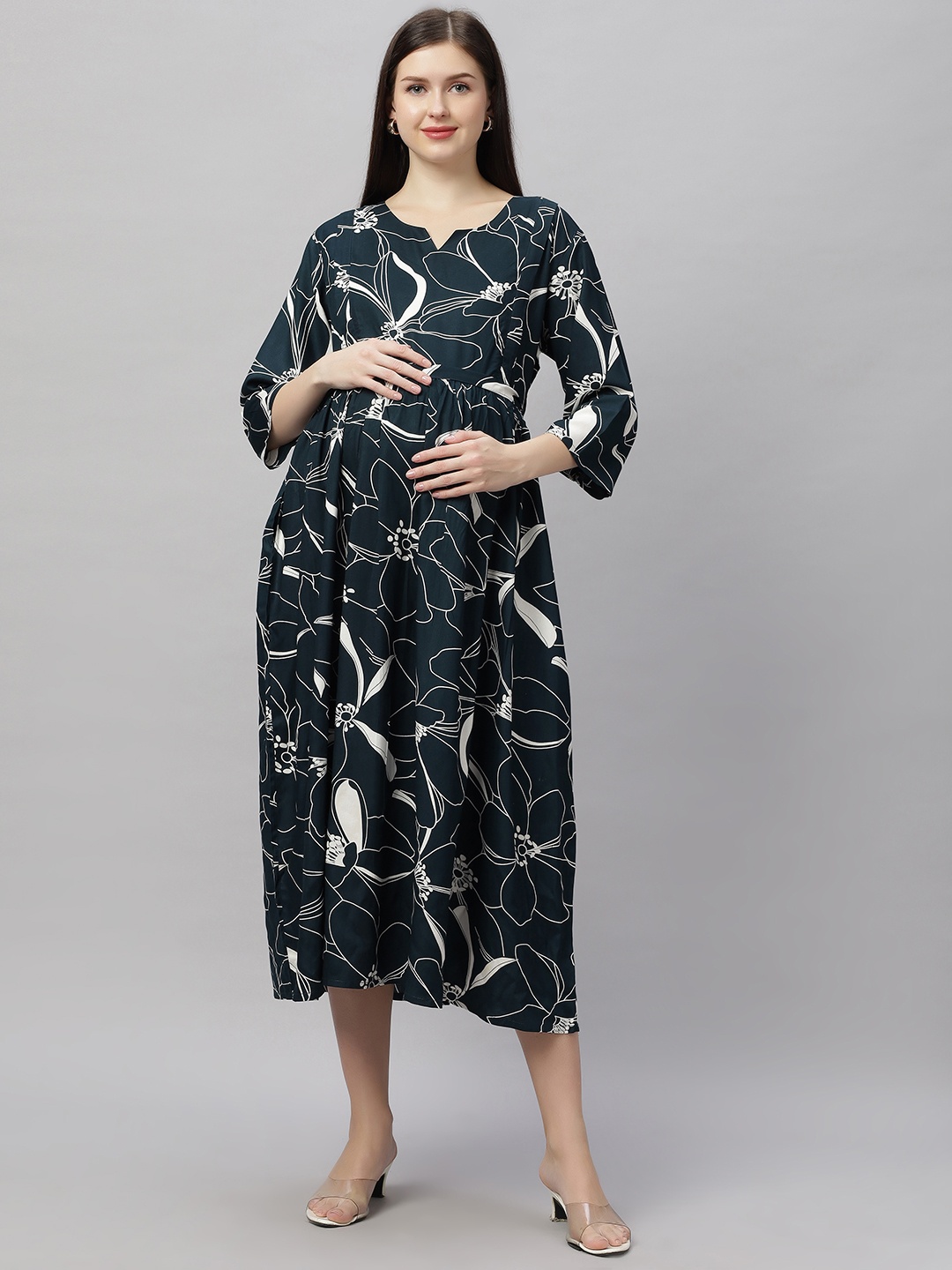

DZZO Floral Print Maternity Fit & Flare Midi Dress, Green