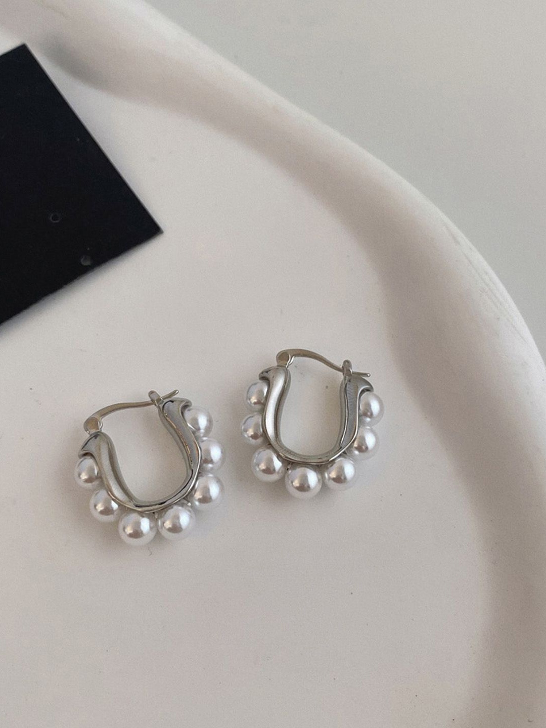 

Just Lil Things Silver-Plated Artificial Beaded Contemporary Hoop Earrings