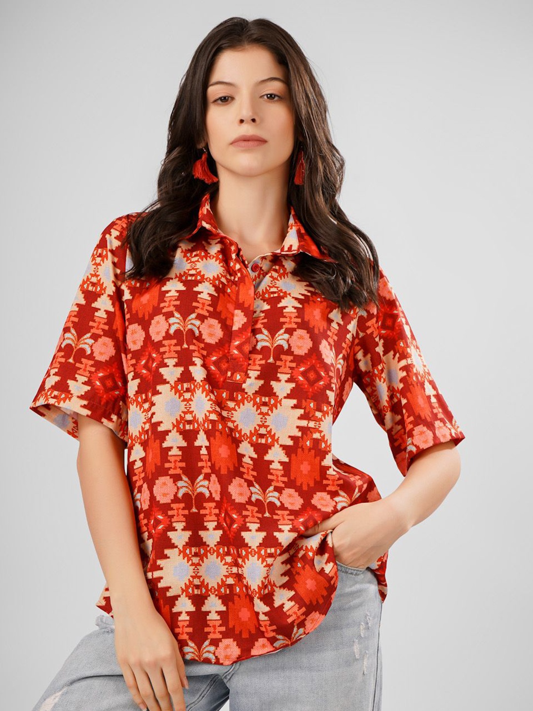 

Sukshat Floral Print Crepe Shirt Style Top, Orange