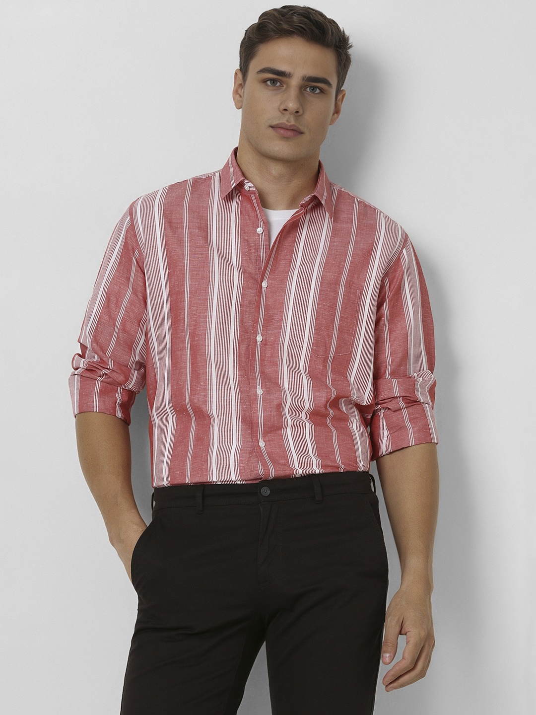 

Van Heusen Men Spread Collar Vertical Striped Linen Formal Shirt, Red