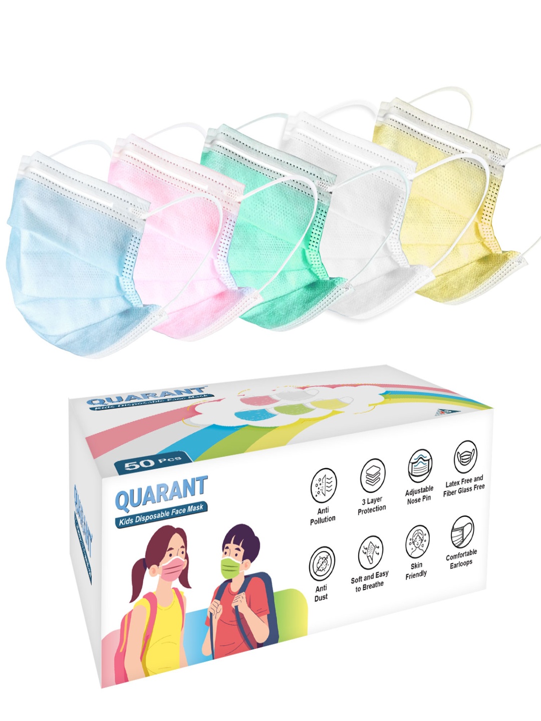 

QUARANT Pack Of 50 3-Ply Kids Anti Pollution Disposable Face Mask, Pink