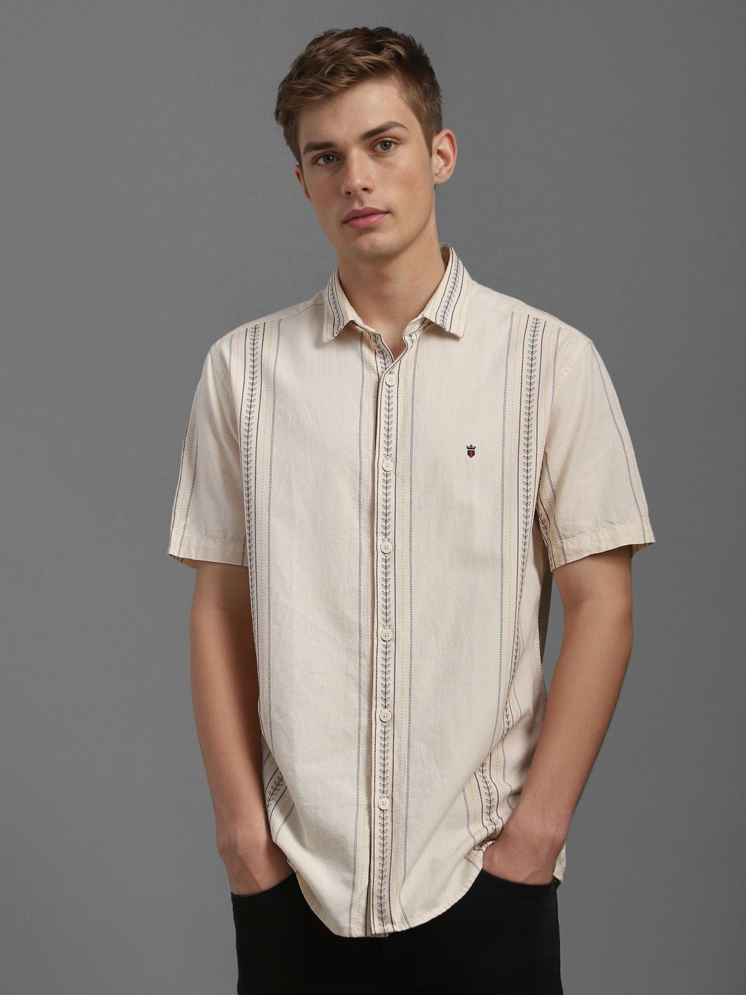 

Louis Philippe Jeans Men Spread Collar Vertical Striped Cotton Casual Shirt, Beige