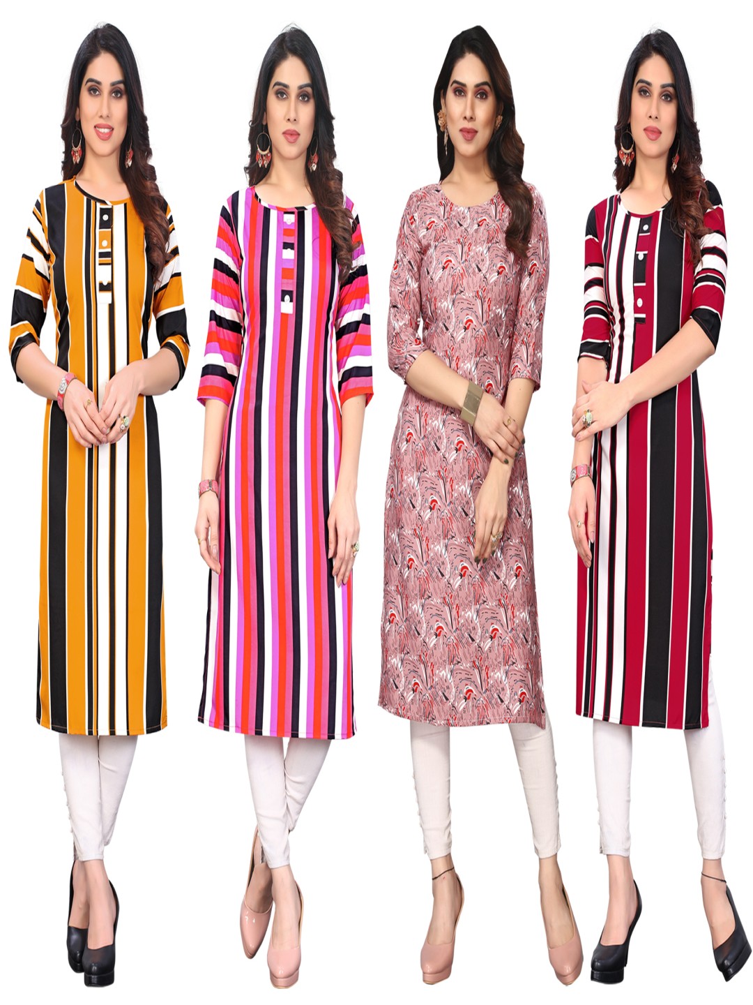 

KETAKI FASHION Selection Of 4 Striped Round Neck Straight Kurtas, Yellow