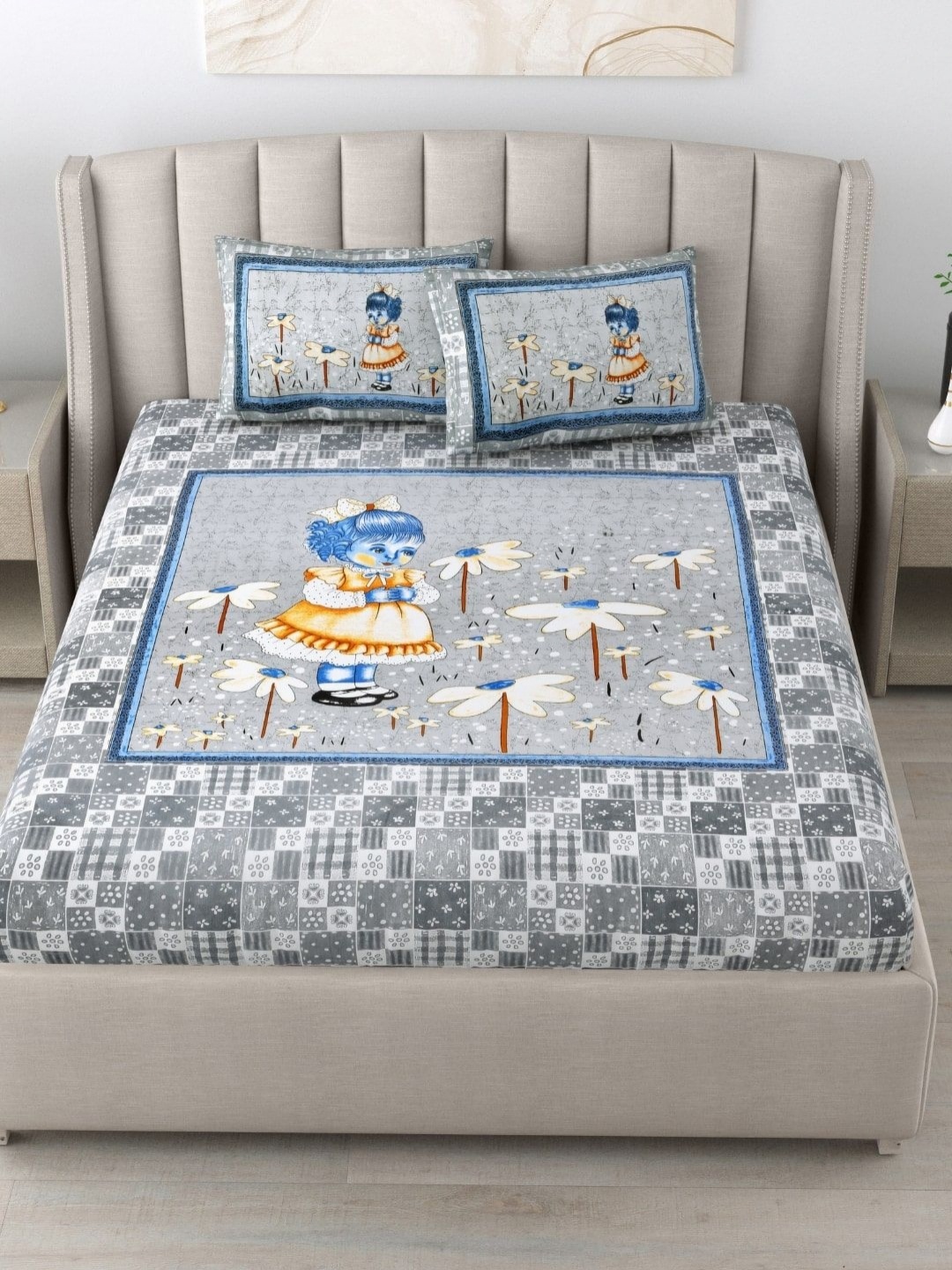 

JAIPUR FABRIC Blue & Grey Floral 180 TC King Bedsheet with 2 Pillow Covers