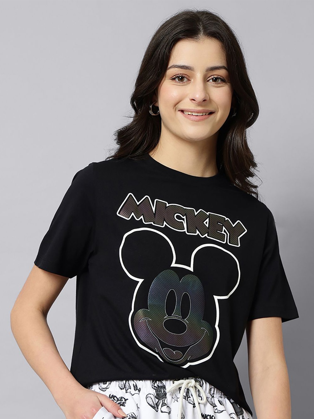 

Free Authority Women Mickey & Friends Graphic Printed Round Neck Cotton T-shirt, Black