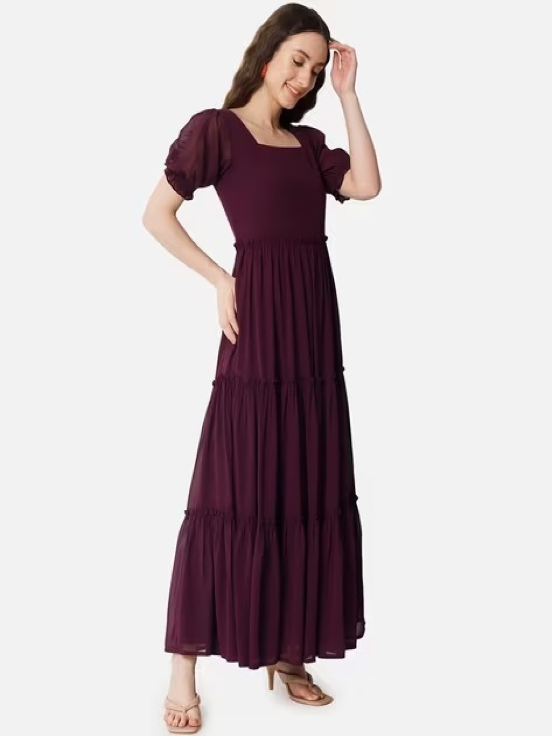 

RIG BONE Women Square Neck Puff Sleeve Georgette Maxi Dress, Maroon