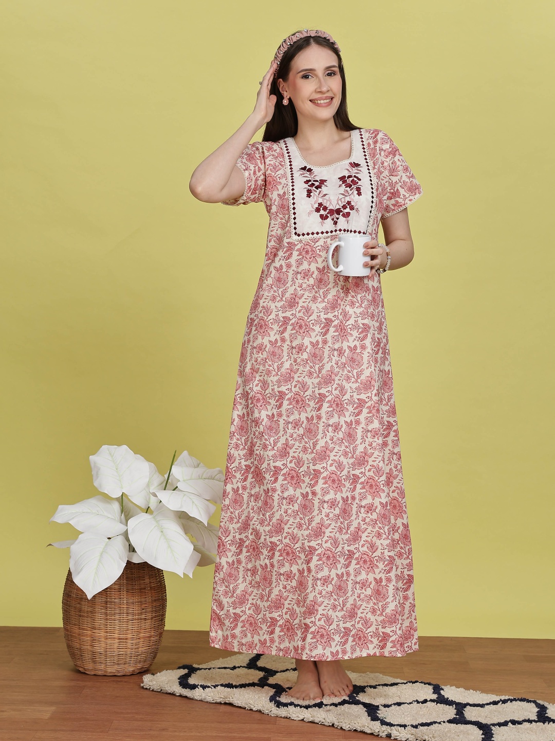 

9shines Label Embroidered Pure Cotton Maxi Nightdress, Red