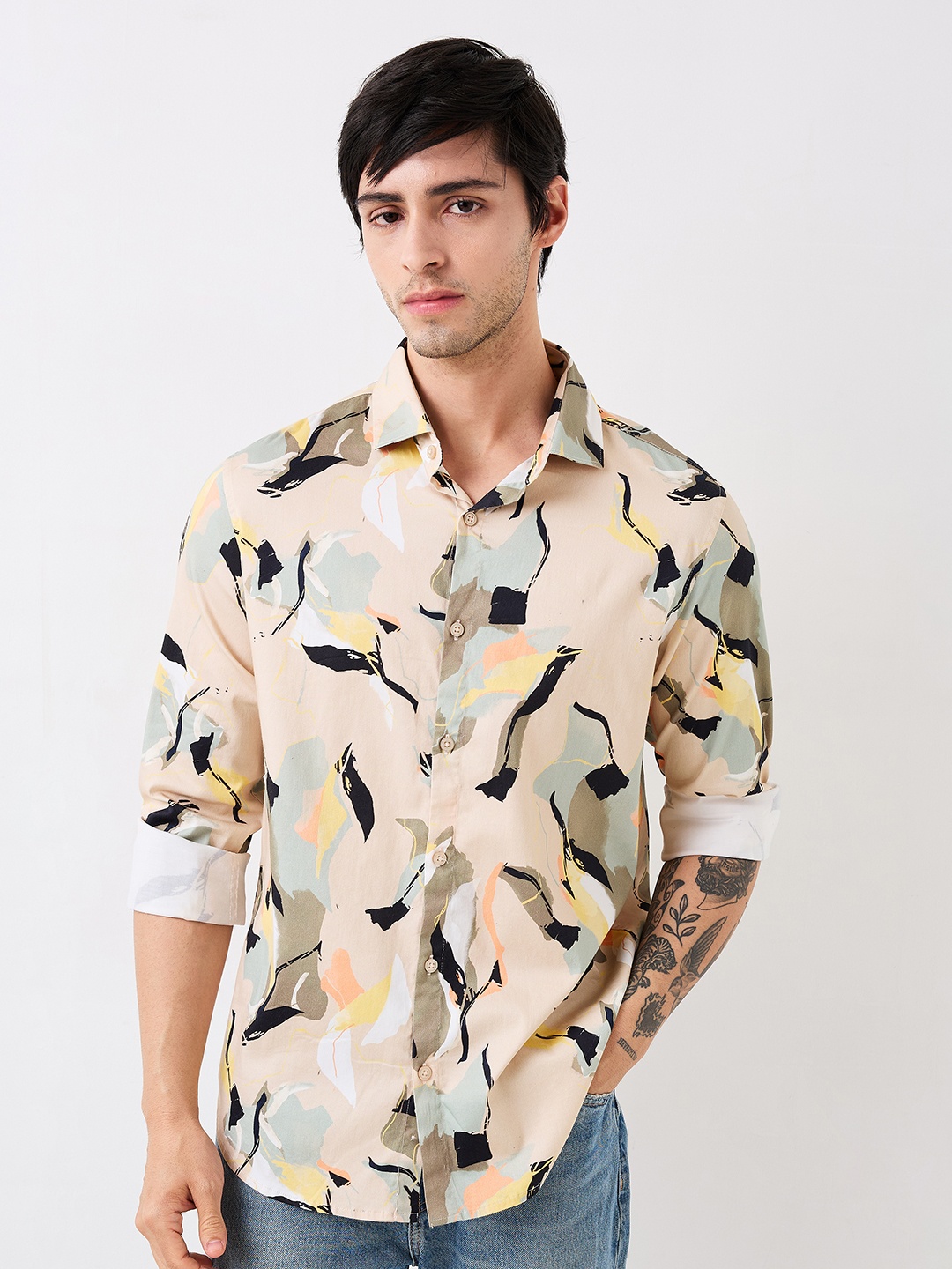 

SPYKAR Men Spread Collar Abstract Printed Cotton Casual Shirt, Beige