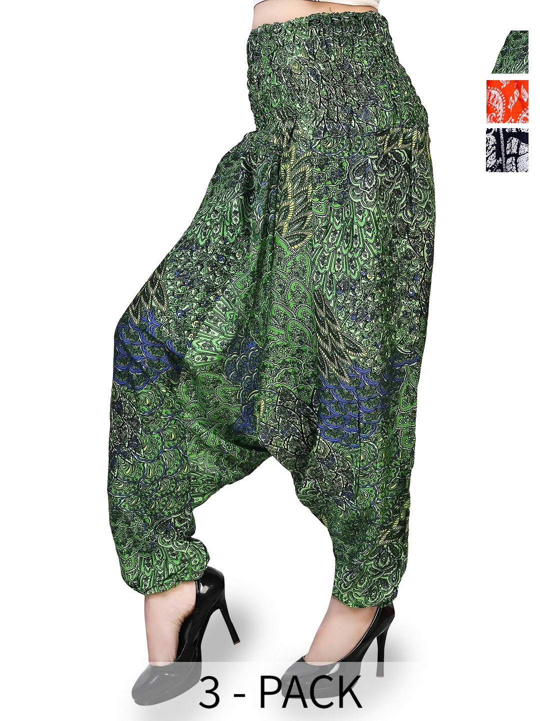

NarNari Women Pack Of 3 Printed Loose Fit Mid-Rise Harem Pants, Black