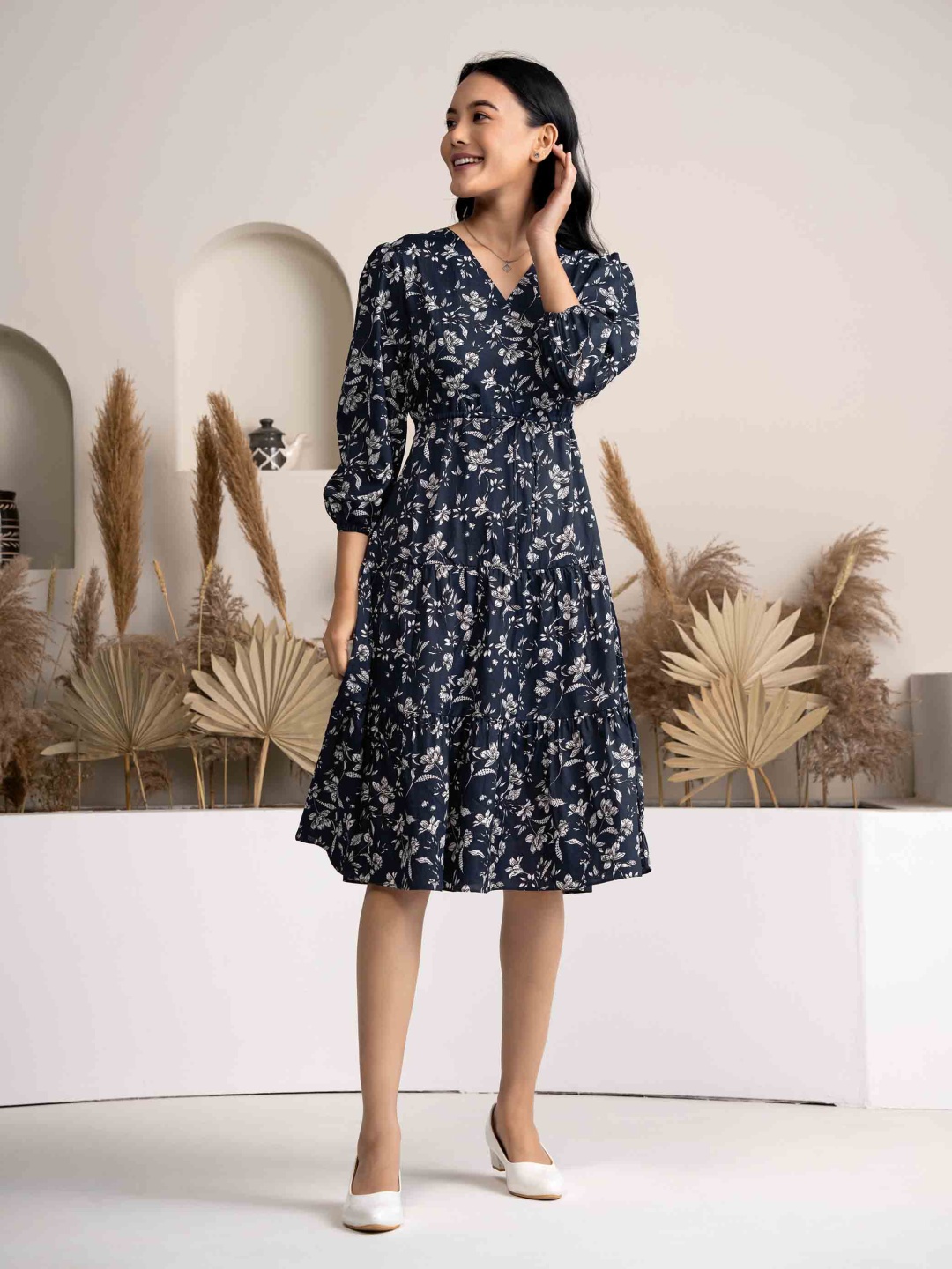 

DressBerry Women Floral Printed Bell Sleeve Crepe Fit & Flare Dress, Blue