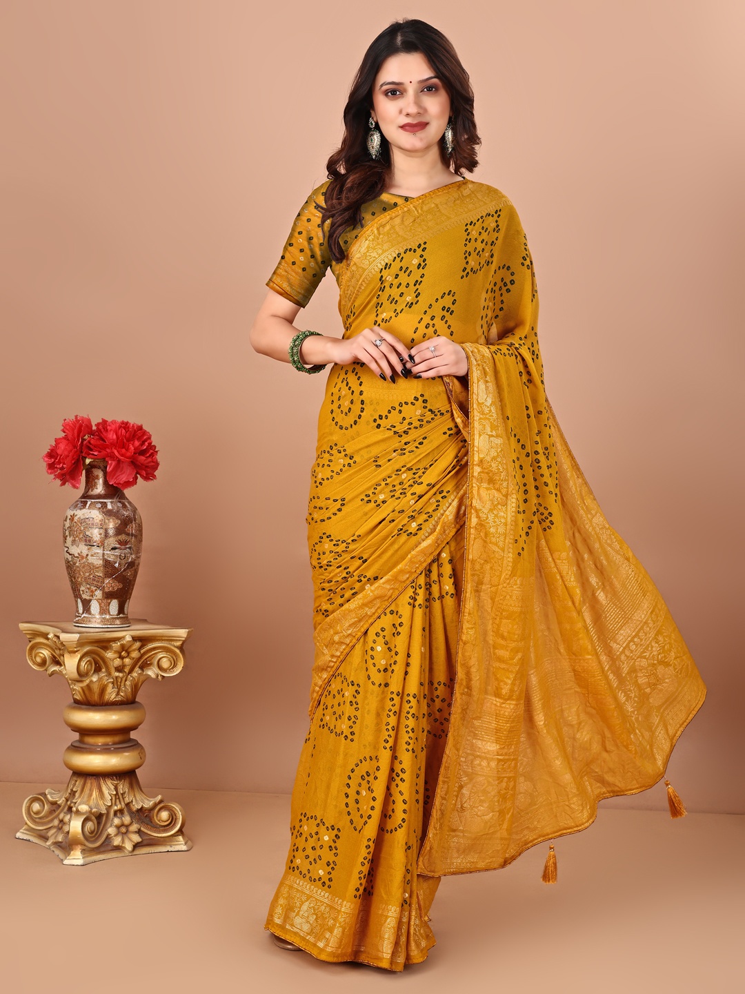 

Panzora Bandhani Poly Chiffon Bandhani Saree, Mustard
