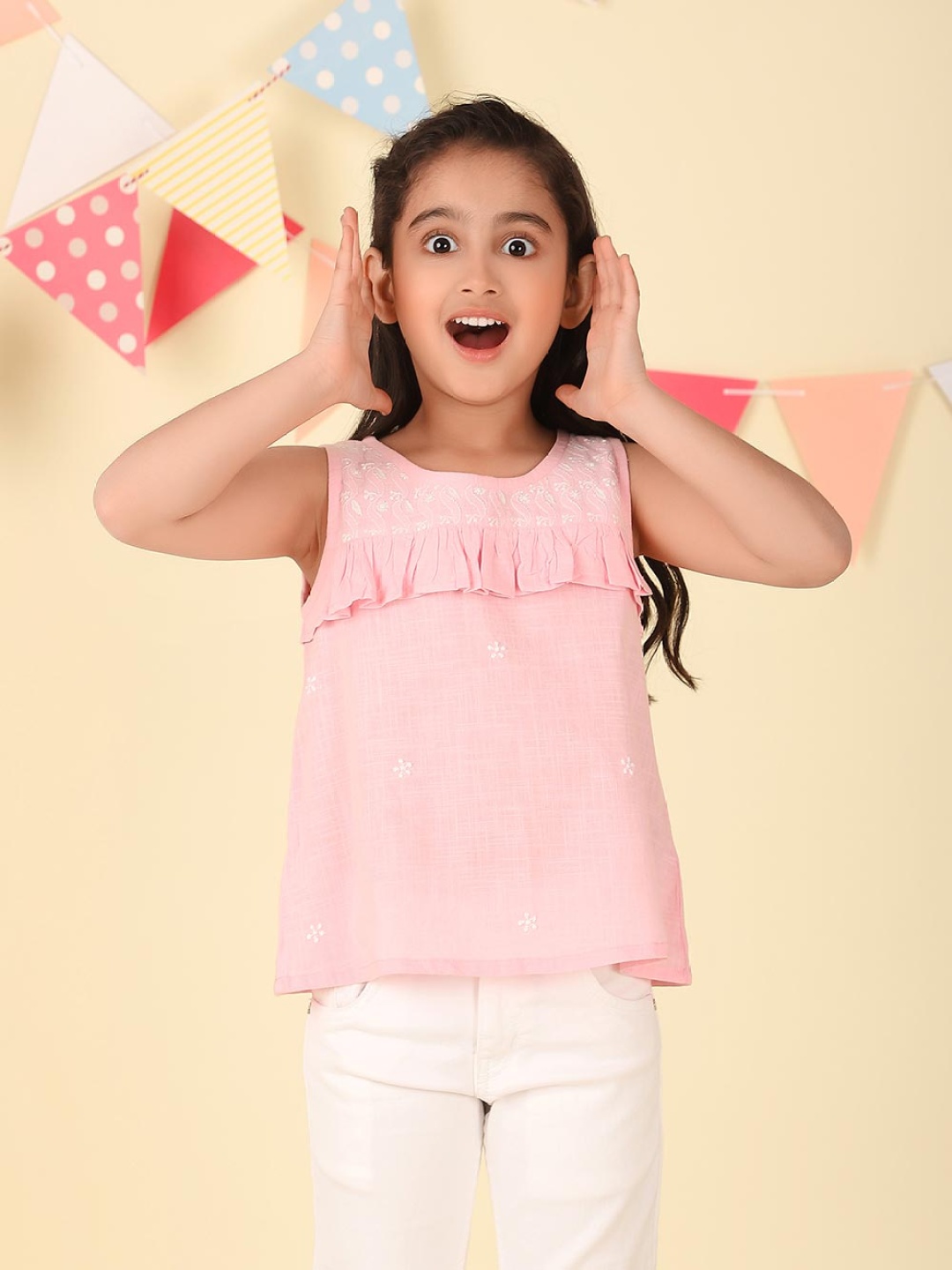 

Fabindia Girls Floral Chikankari Embroidered Ruffles Cotton Top, Pink