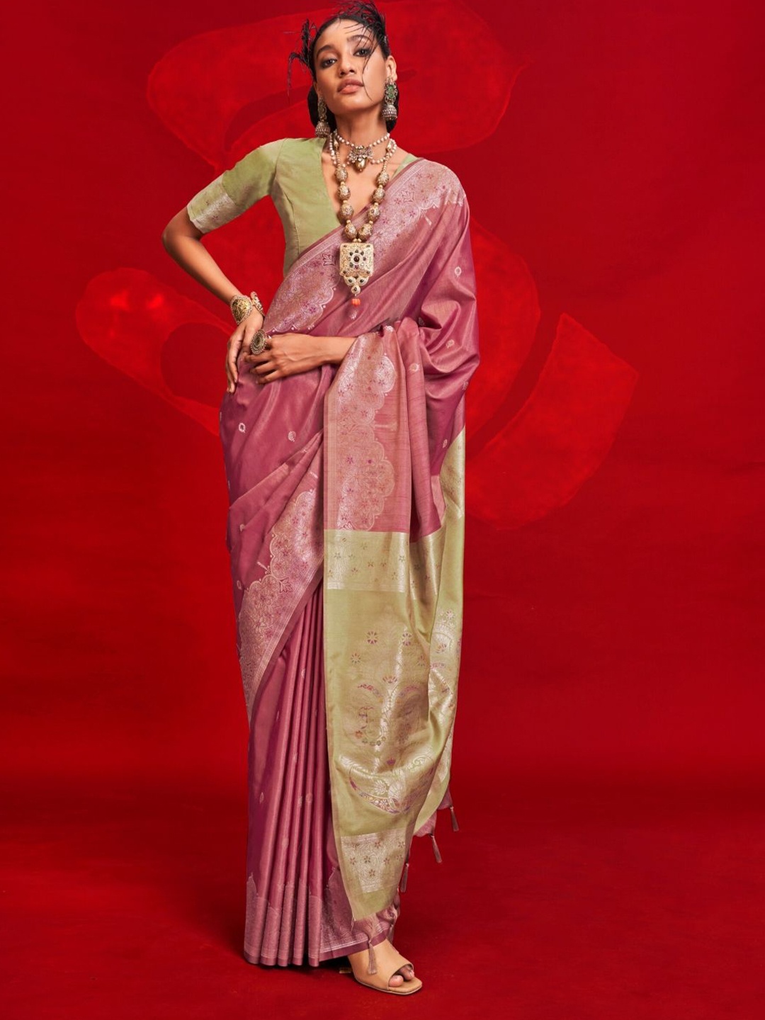 

BLENDIFY Woven Design Ethnic Motifs Zari Banarasi Saree, Pink