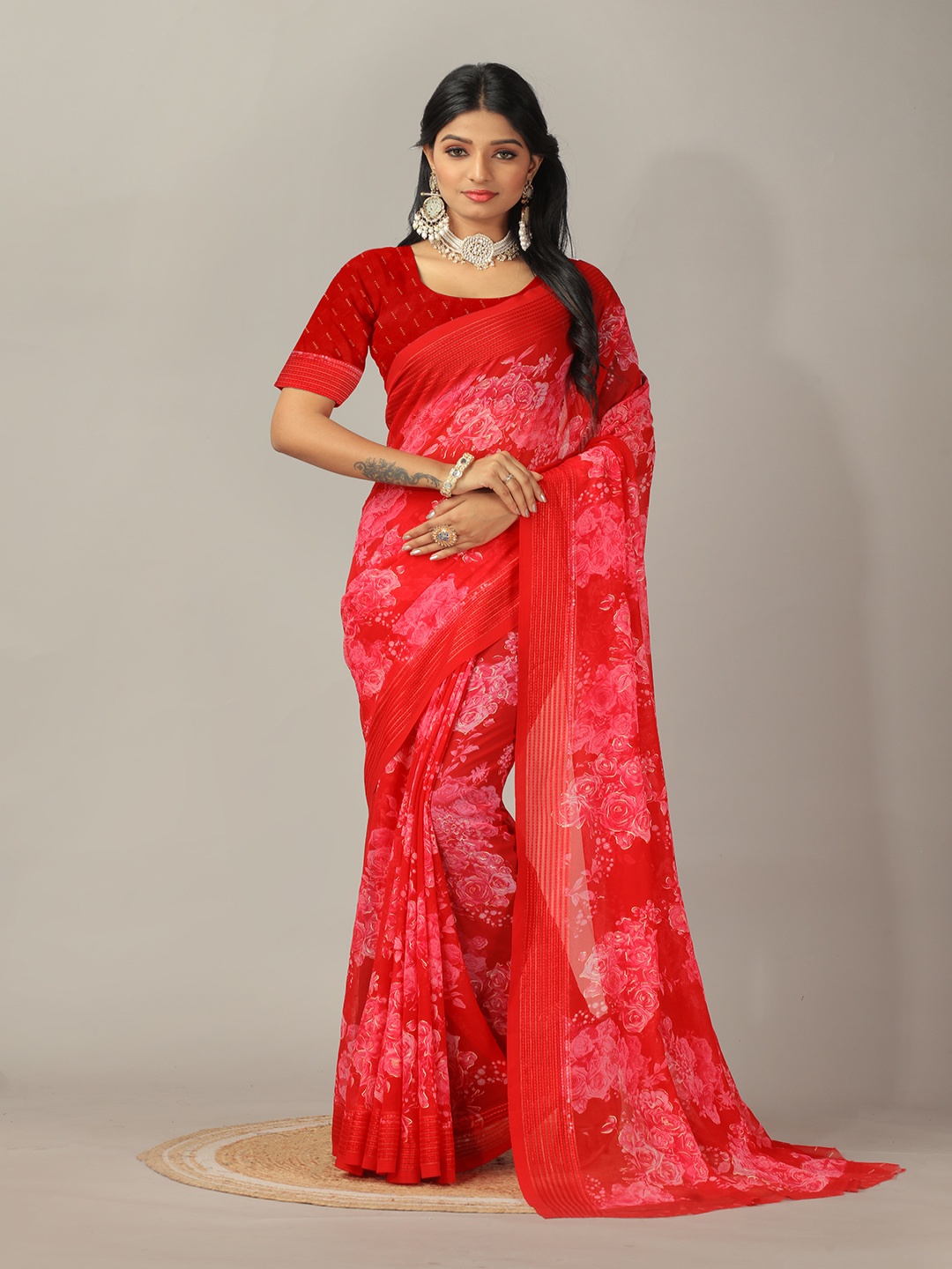 

A.V.M. SILK MILLS Floral Pure Georgette Saree, Red