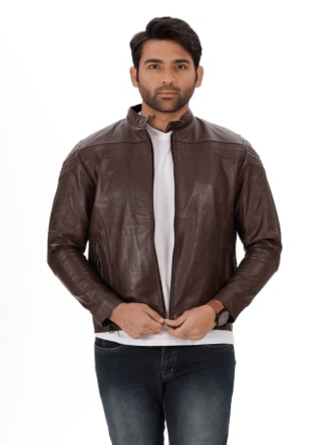 

Everestwolf Men Mock Collar Solid Leather Casual Leather Jacket, Brown