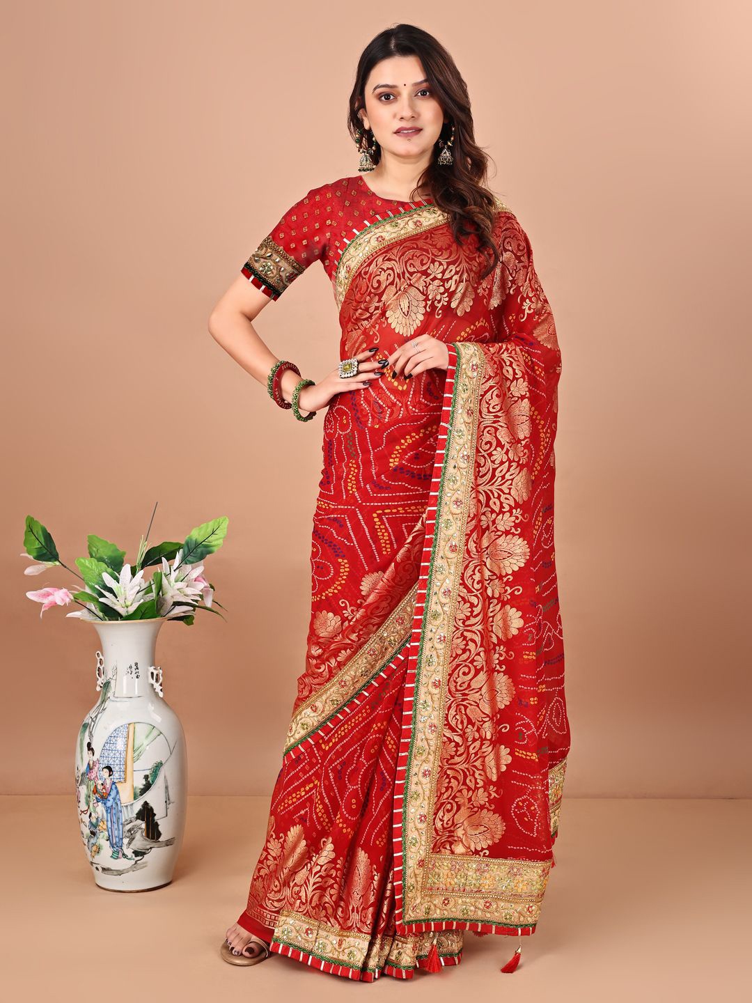 

Mitera Bandhani Printed Embroidered Saree, Red