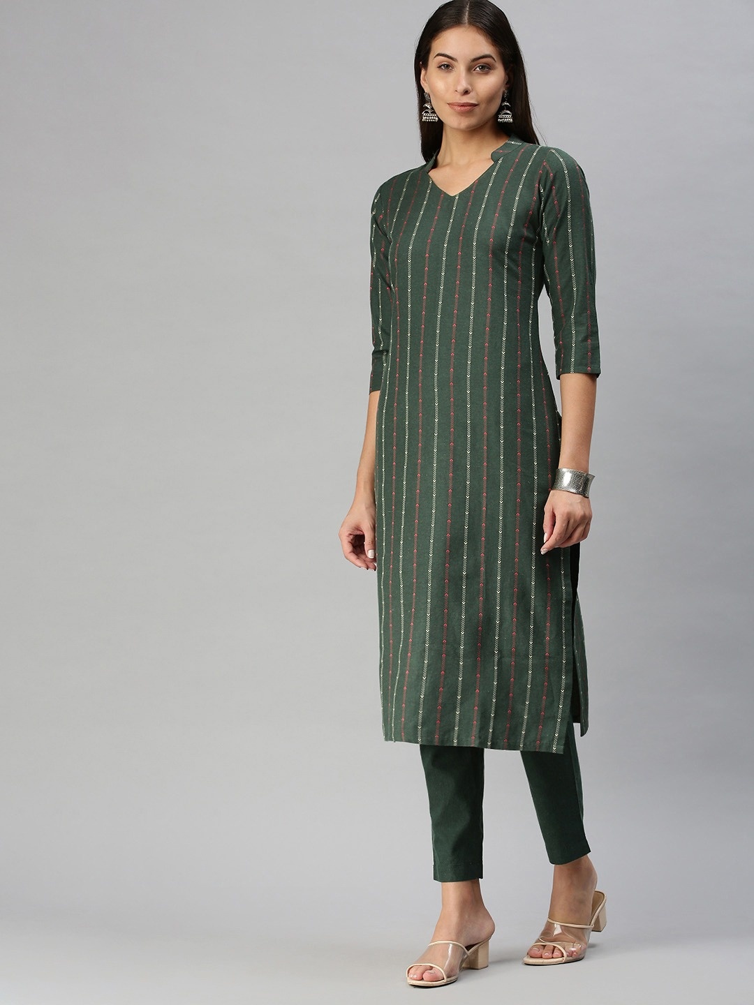 

Fourleaf Women Striped Regular Thread Work Kurta with Trousers, Green