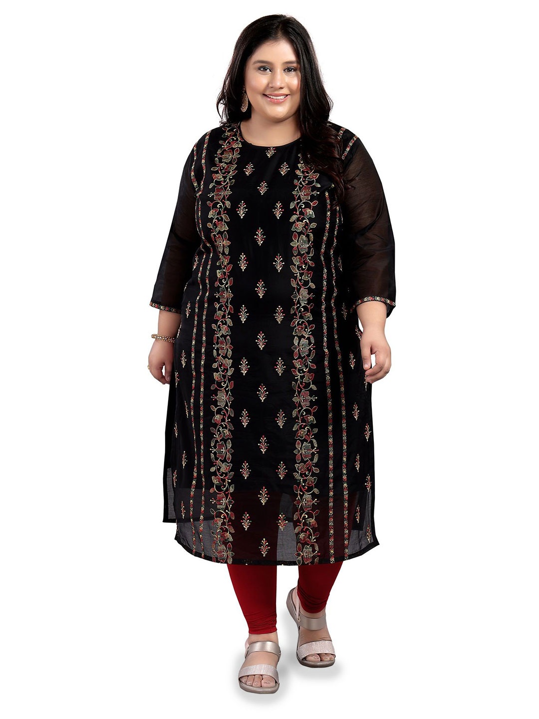 

DREAM & DZIRE Plus Size Floral Embroidered Round Neck Chanderi Silk Straight Kurta, Black