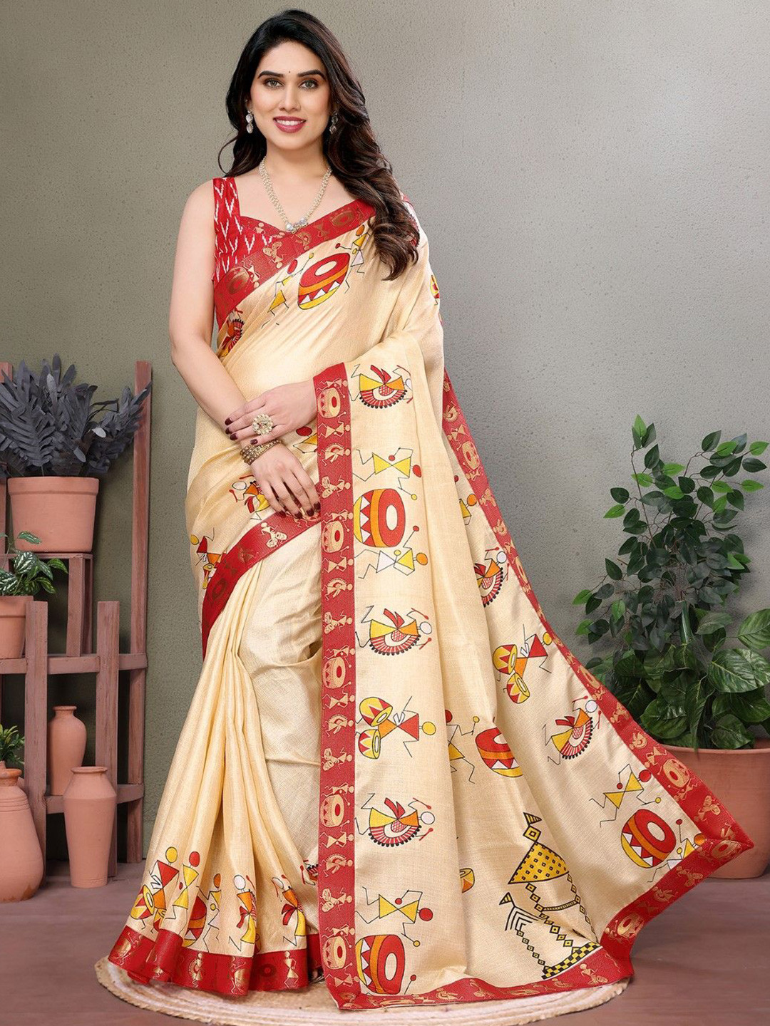 

KALINI Kalamkari Saree With Unstitched Blouse Material, Gold