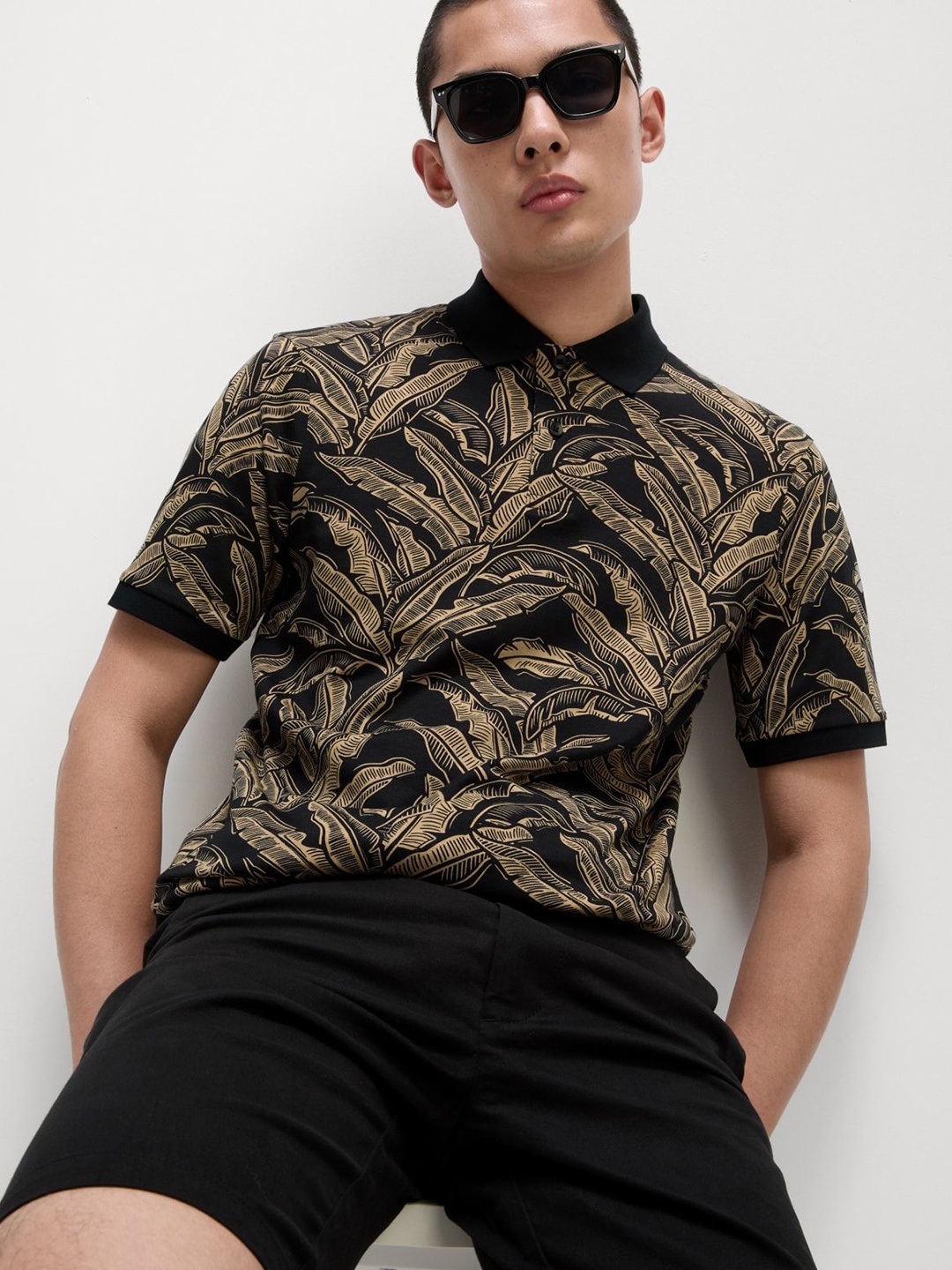 

Marks & Spencer Men Floral Printed Polo Collar Cotton T-shirt, Beige