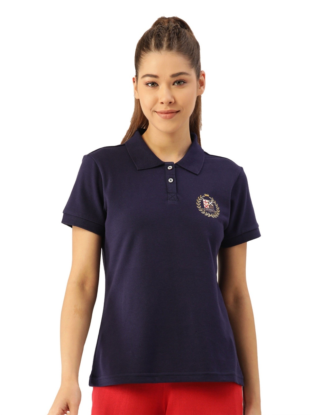 

AMSWAN Women Solid Polo Collar Cotton T-shirt, Navy blue