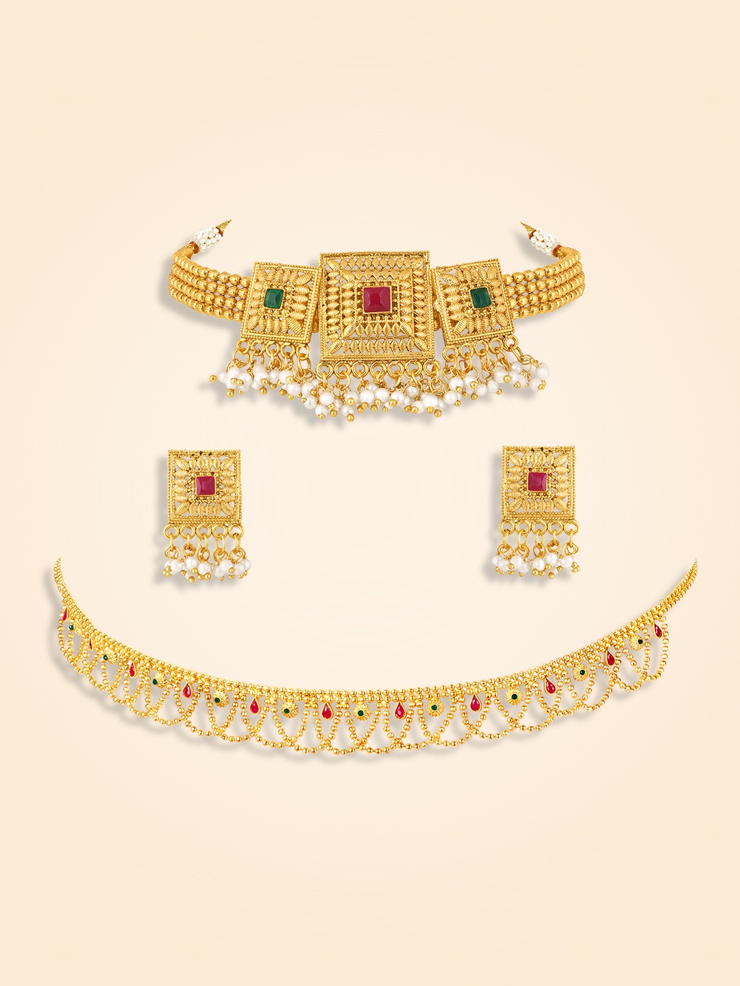 

Peora Gold Plated Stone Studded & Beaded Jewellery Set