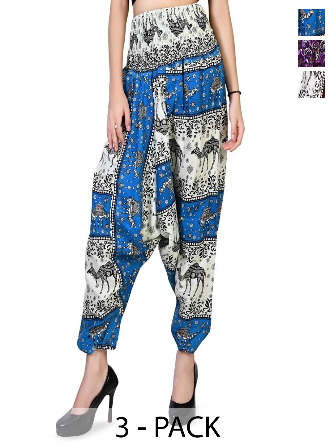 

NarNari Women Pack Of 3 Printed Mid-Rise Harem Pants, Blue