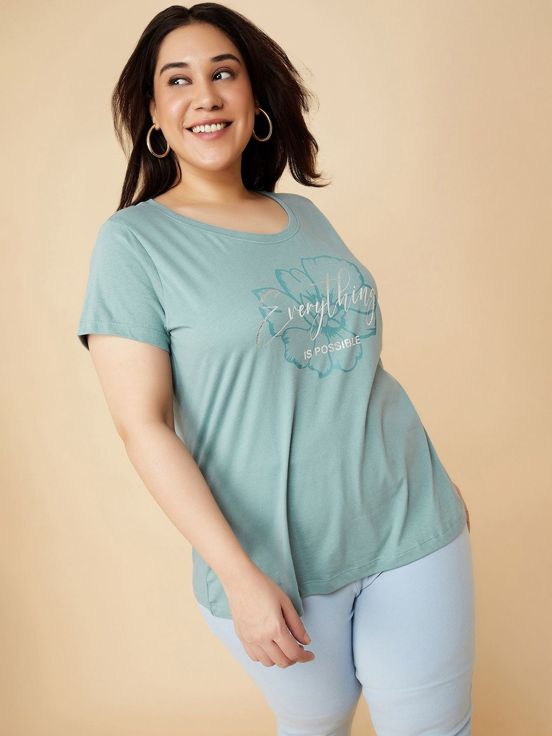 

max Women Floral Printed Scoop Neck Pure Cotton Casual T-shirt, Blue
