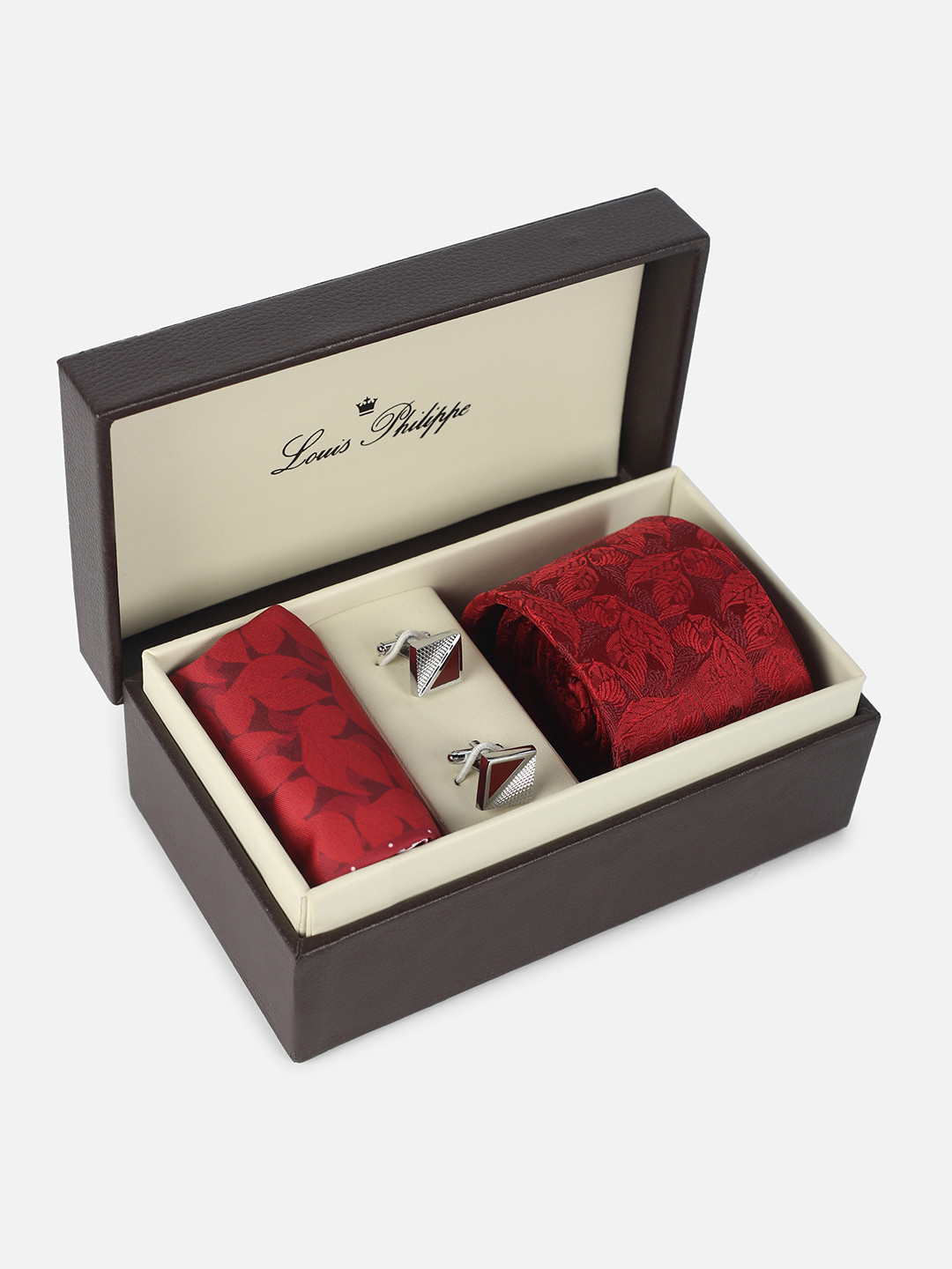 

Louis Philippe Men Accessory Gift Set of Tie, Cufflinks, Pocket Square, Red