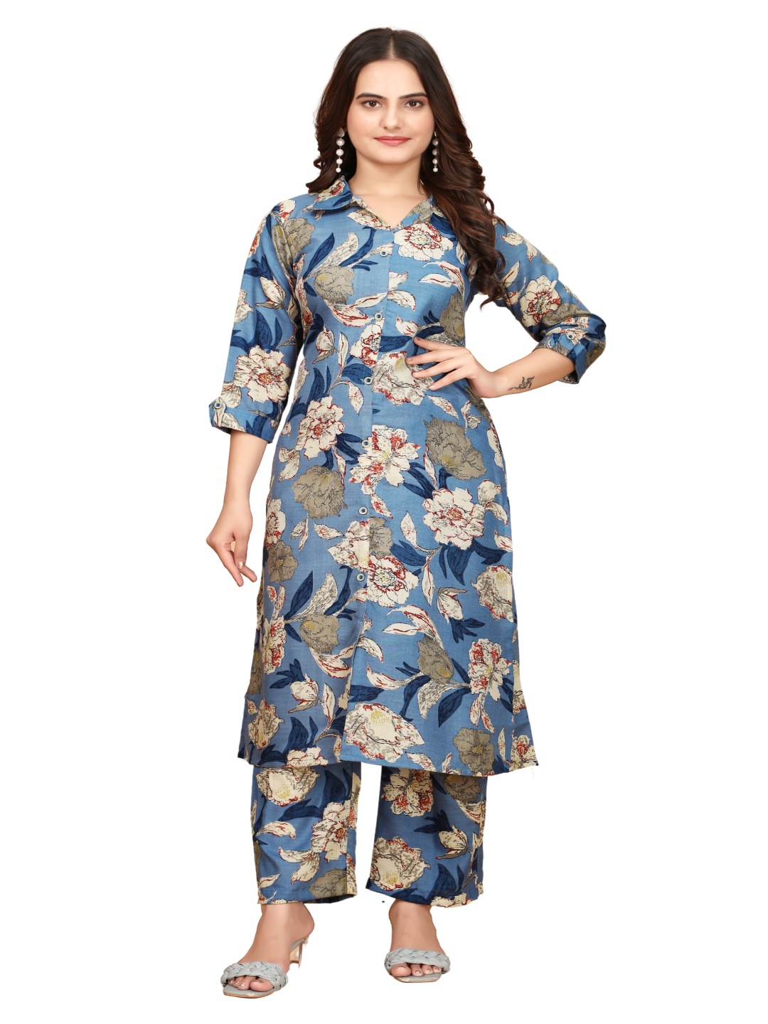 

Anouk Blue Floral Printed Shirt Collar Straight Kurta With Trousers