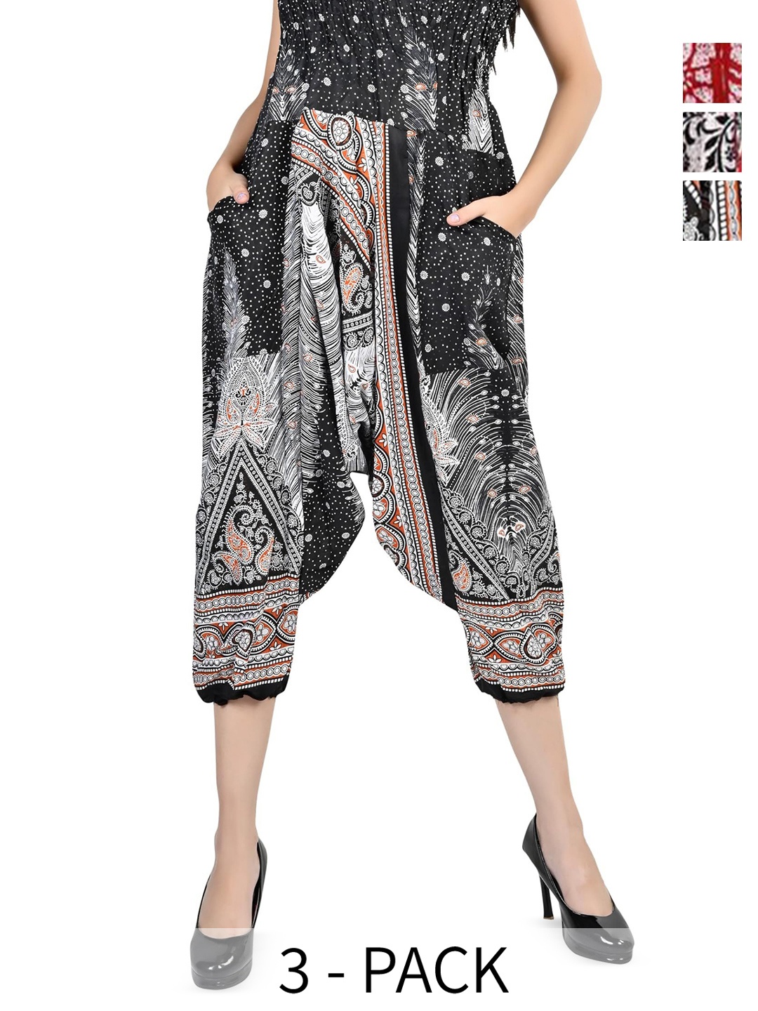 

NarNari Pack Of 3 Printed Mid-Rise Harem Pants, Black