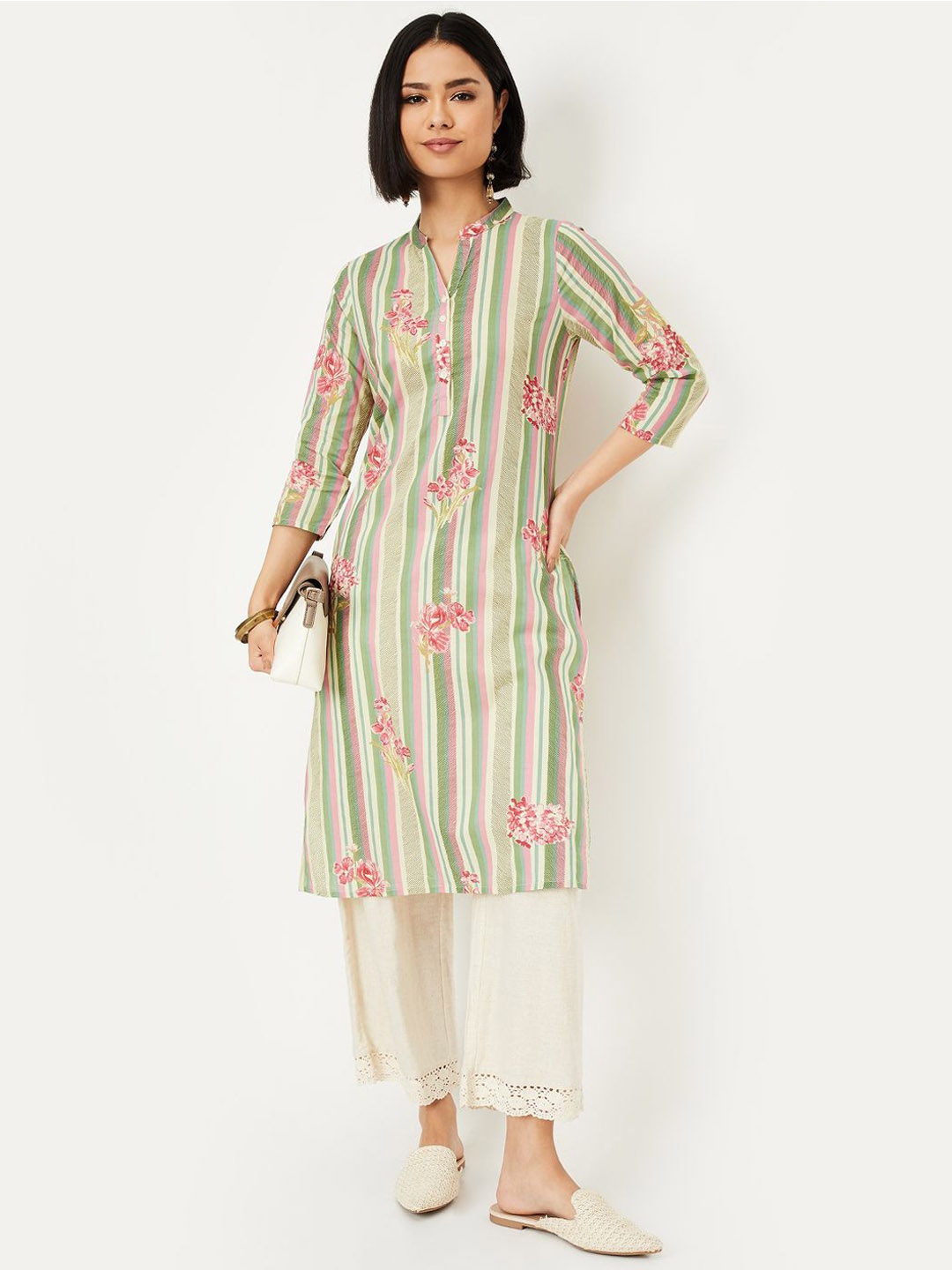 

max Floral Printed Mandarin Collar Cotton Cambric Straight Kurta, Green