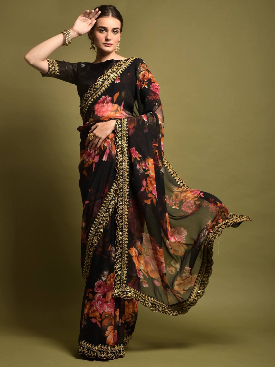 

Moda Rapido Floral Sequinned Pure Georgette Saree, Black