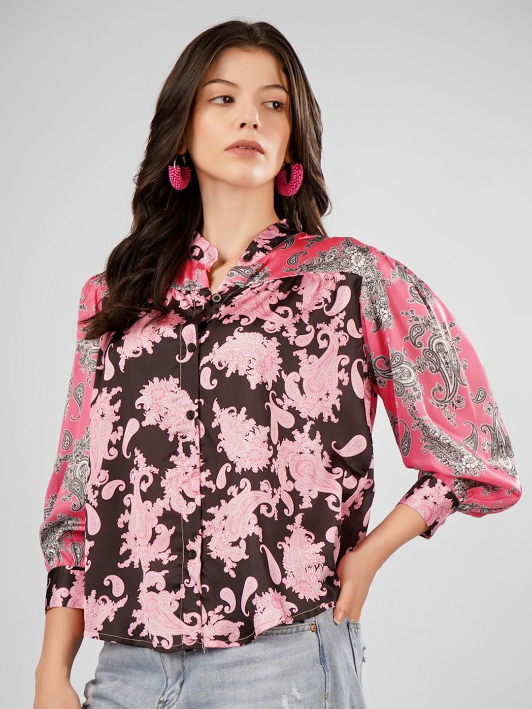 

Sukshat Floral Print Mandarin Collar Satin Top, Pink