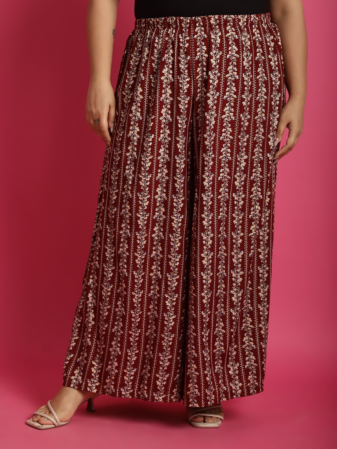 

theRebelinme Women Floral Printed Wide Leg Palazzos, Maroon