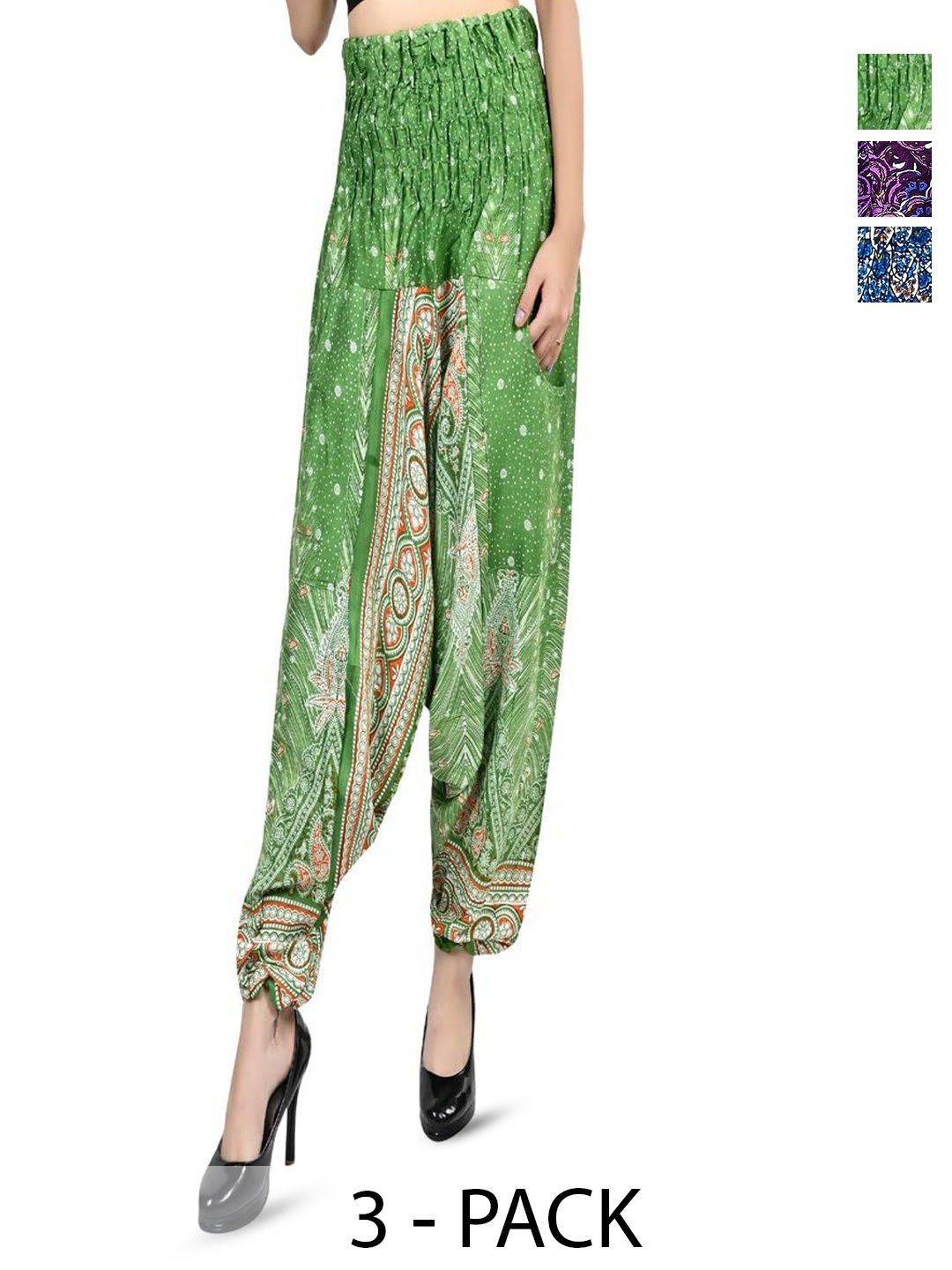 

NarNari Women Pack Of 3 Printed Loose Fit Mid-Rise Harem Pants, Green