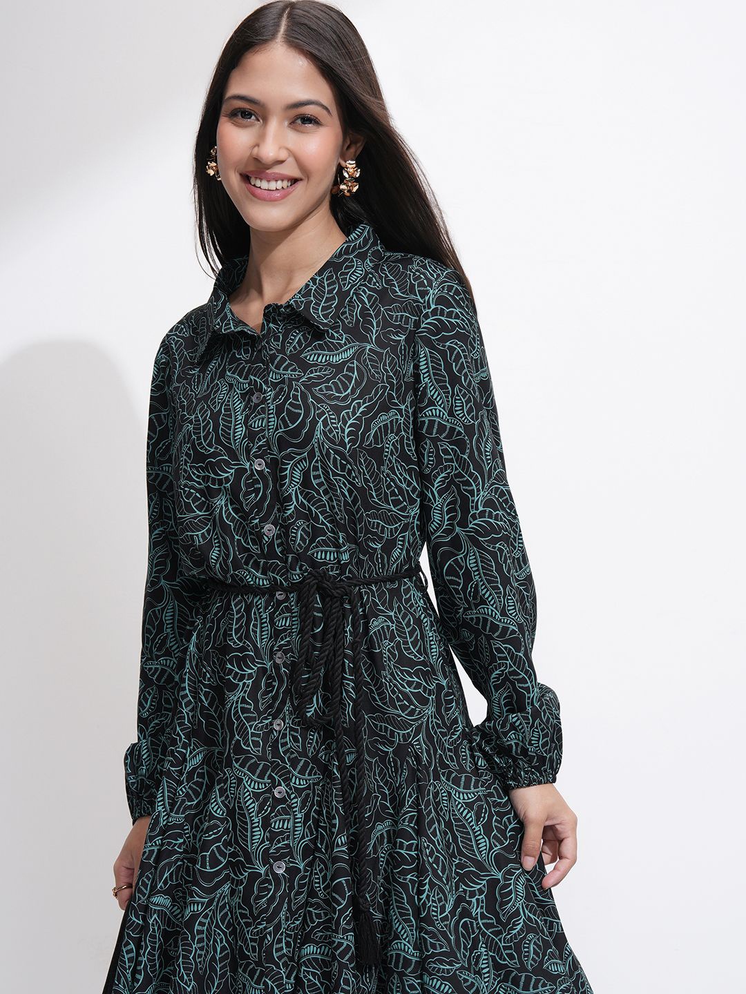 

Tokyo Talkies Women Printed Flared Shirt Dress, Black