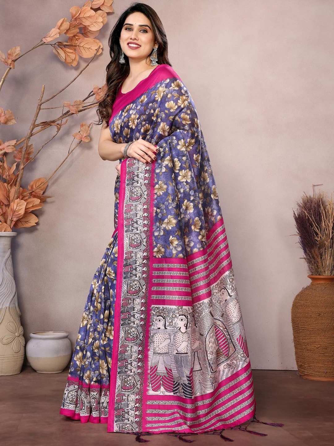 

KALINI Floral Art Silk Saree, Navy blue