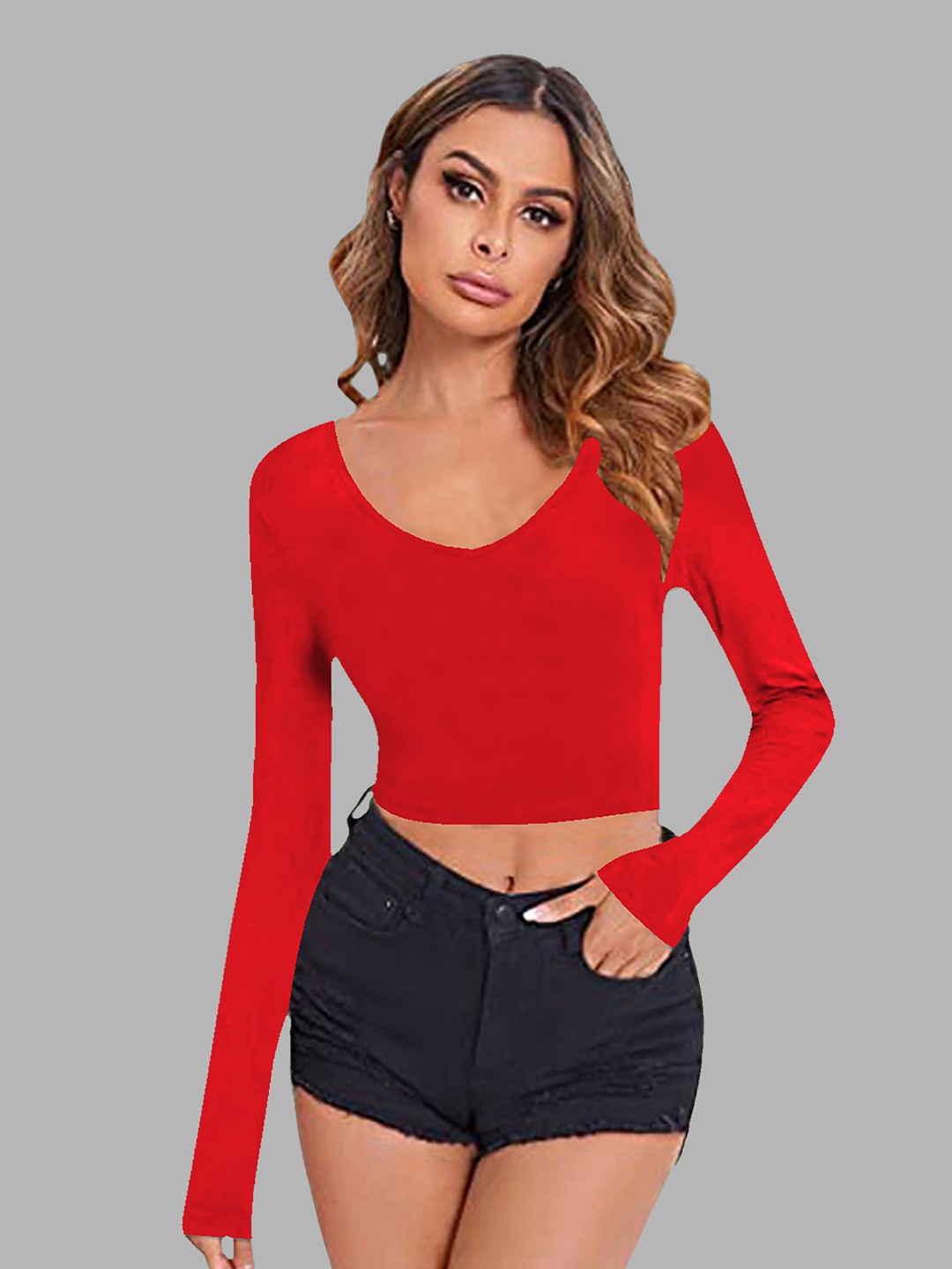

Dream Beauty Fashion Women V-Neck Fitted Crop Top, Red