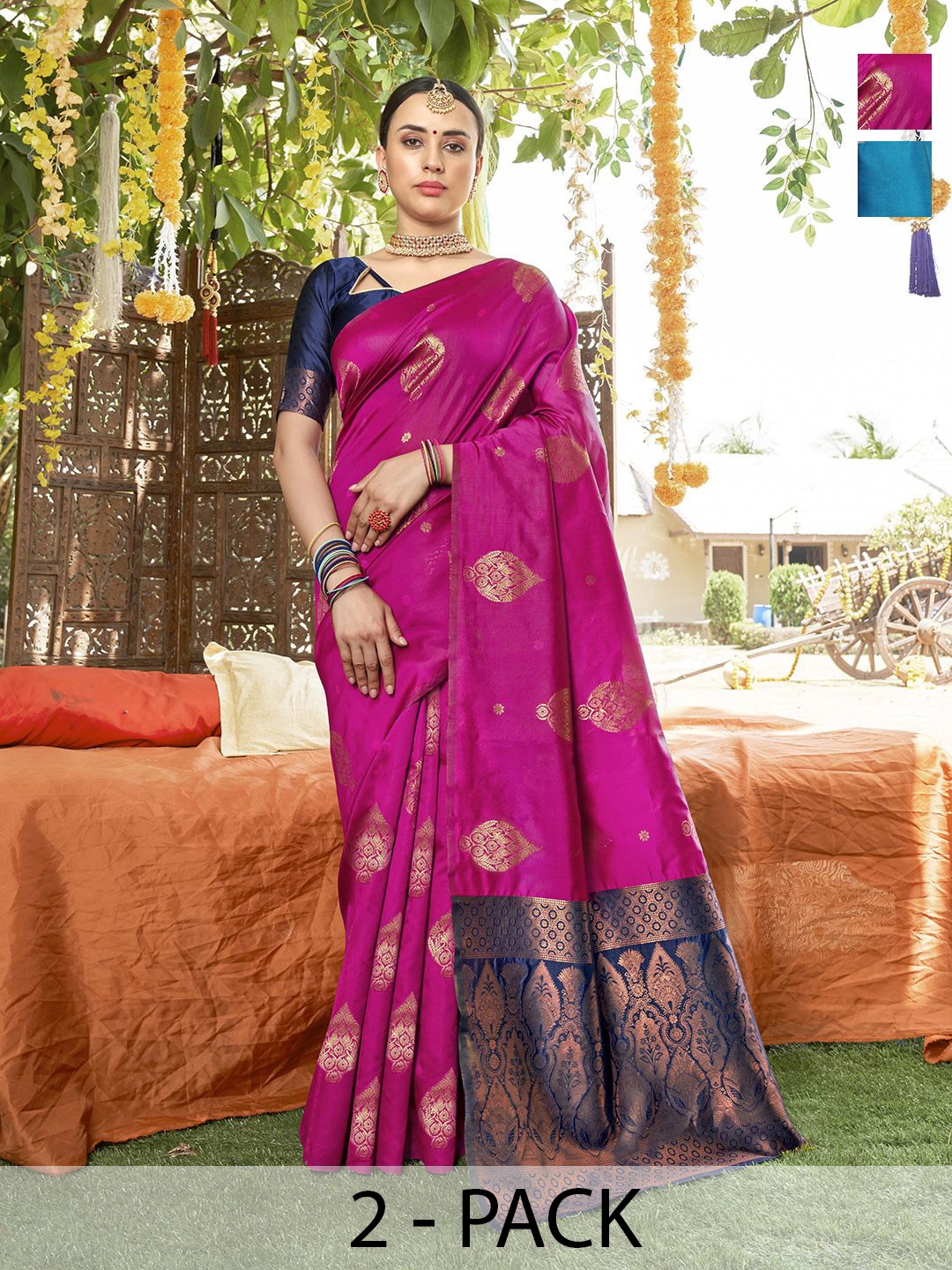 

Anouk Rustic Pack of 2 Woven Design Zari Banarasi Saree, Pink