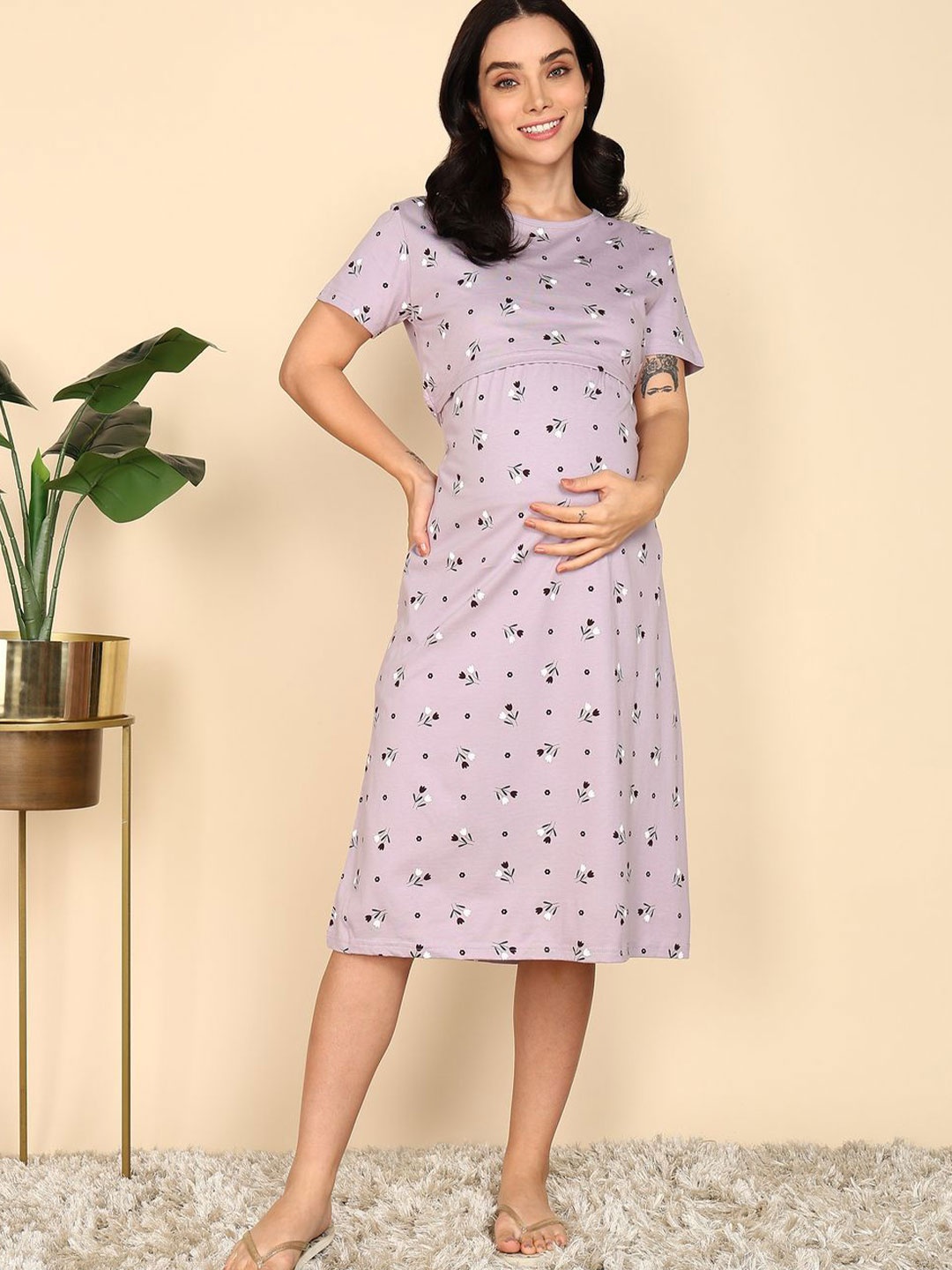 

Moms Ever Women Printed Maternity & Feeding Loungewear Dress, Purple